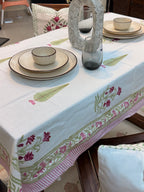 Hand Block Print Dining Table Sheet ( Pink & Green Phool Patta Print )