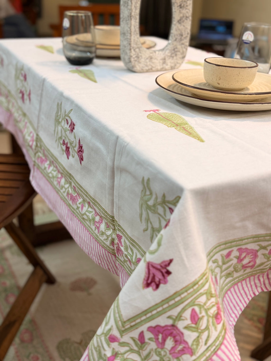 Hand Block Print Dining Table Sheet ( Pink & Green Phool Patta Print )