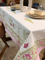 Hand Block Print Dining Table Sheet ( Pink & Green Phool Patta Print )