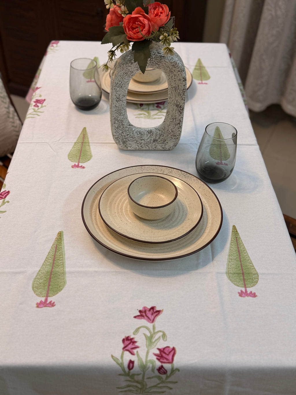 Hand Block Print Dining Table Sheet ( Pink & Green Phool Patta Print )