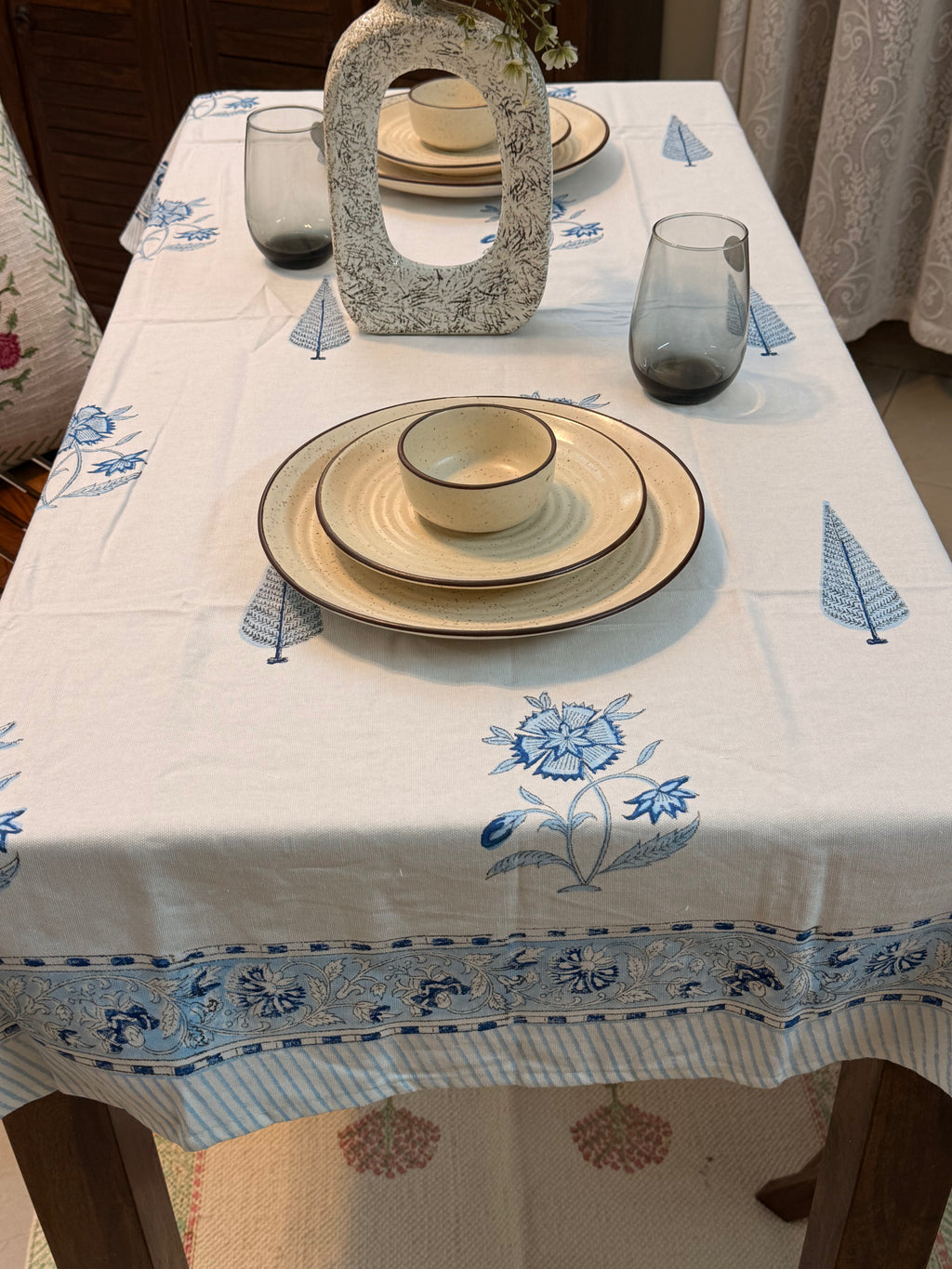 Hand Block Print Dining Table Sheet ( Blue Pottery Inspired Print )