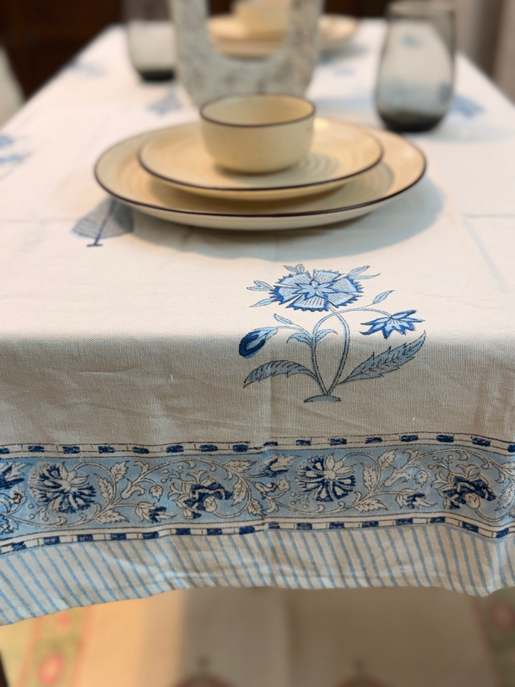 Hand Block Print Dining Table Sheet ( Blue Pottery Inspired Print )