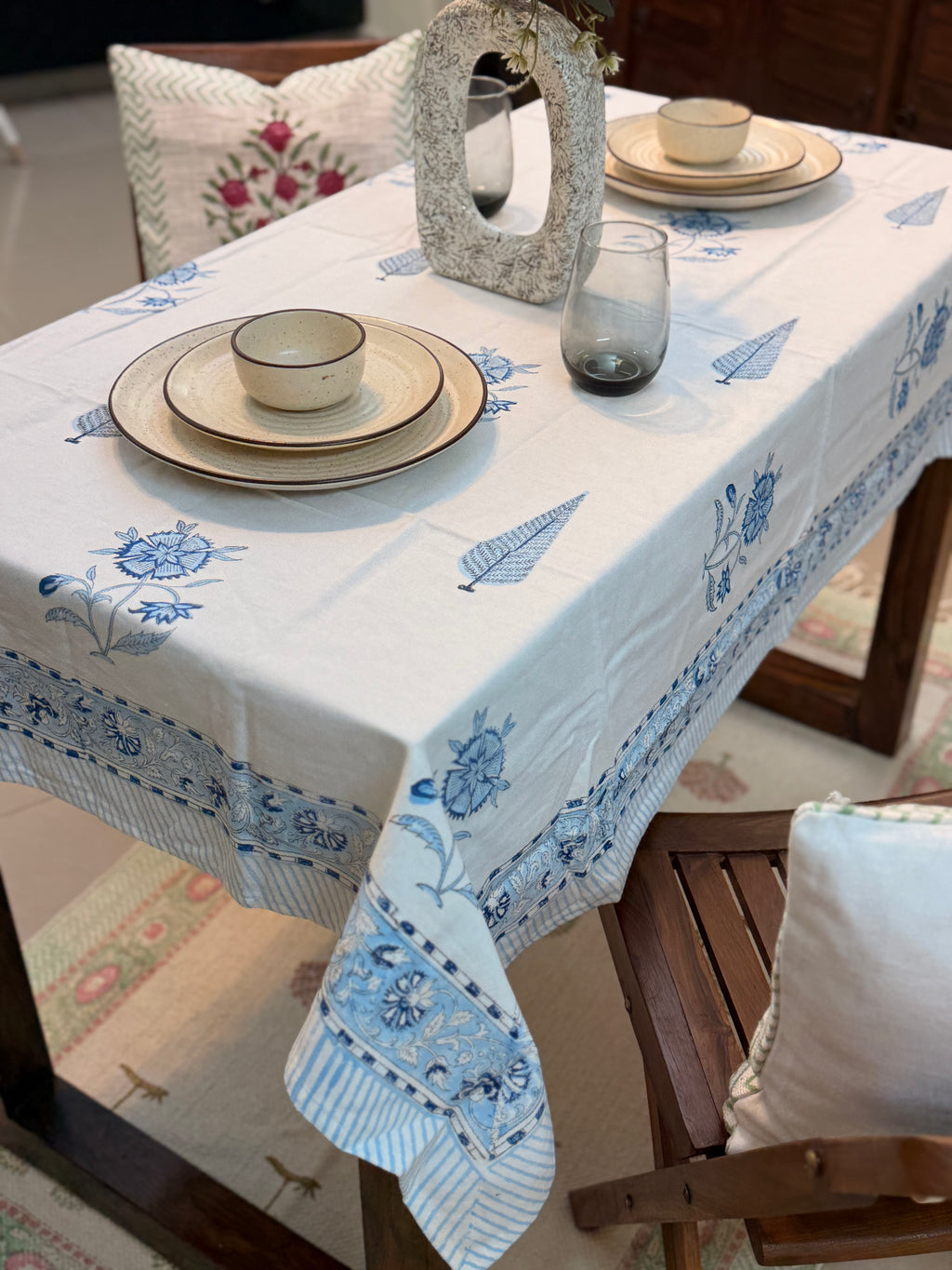 Hand Block Print Dining Table Sheet ( Blue Pottery Inspired Print )