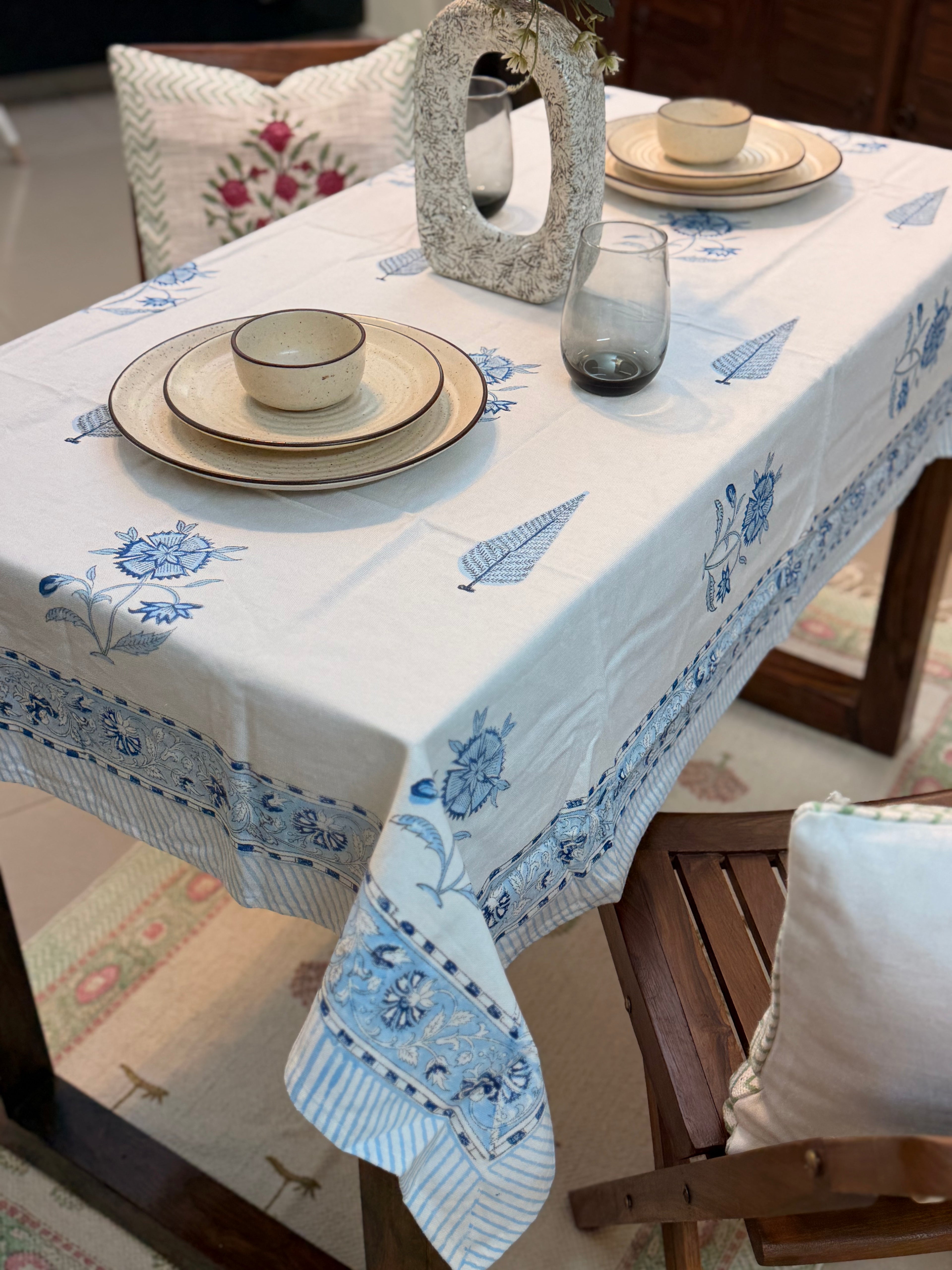 Hand Block Print Dining Table Sheet ( Blue Pottery Inspired Print )