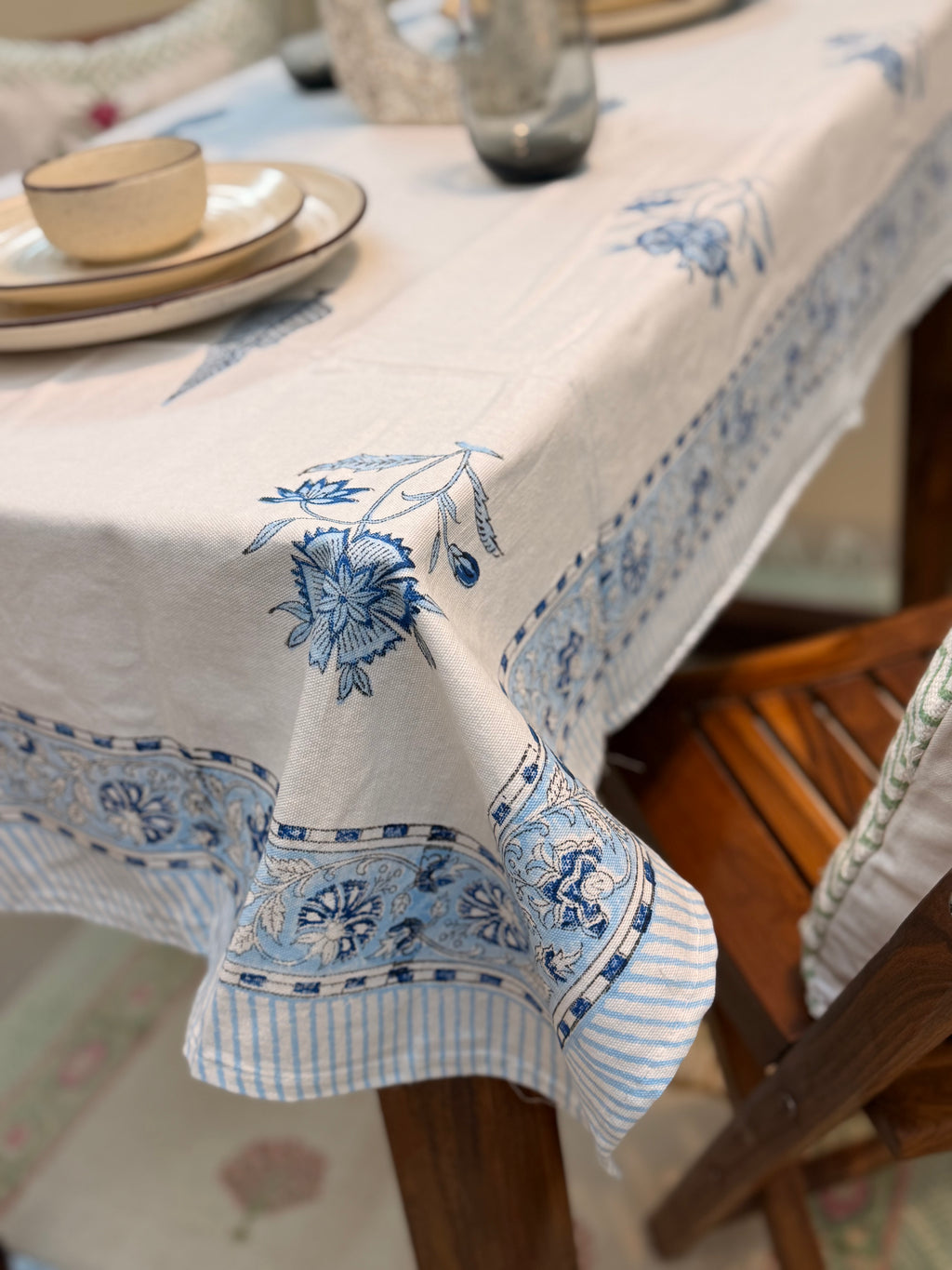 Hand Block Print Dining Table Sheet ( Blue Pottery Inspired Print )