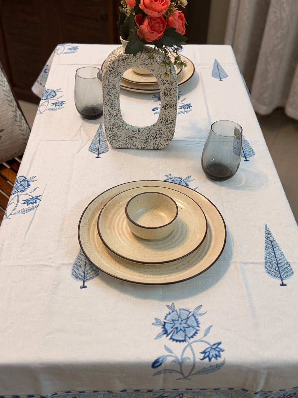 Hand Block Print Dining Table Sheet ( Blue Pottery Inspired Print )