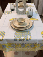 Hand Block Print Dining Table Sheet ( Yellow Elephant Umbrella Print )