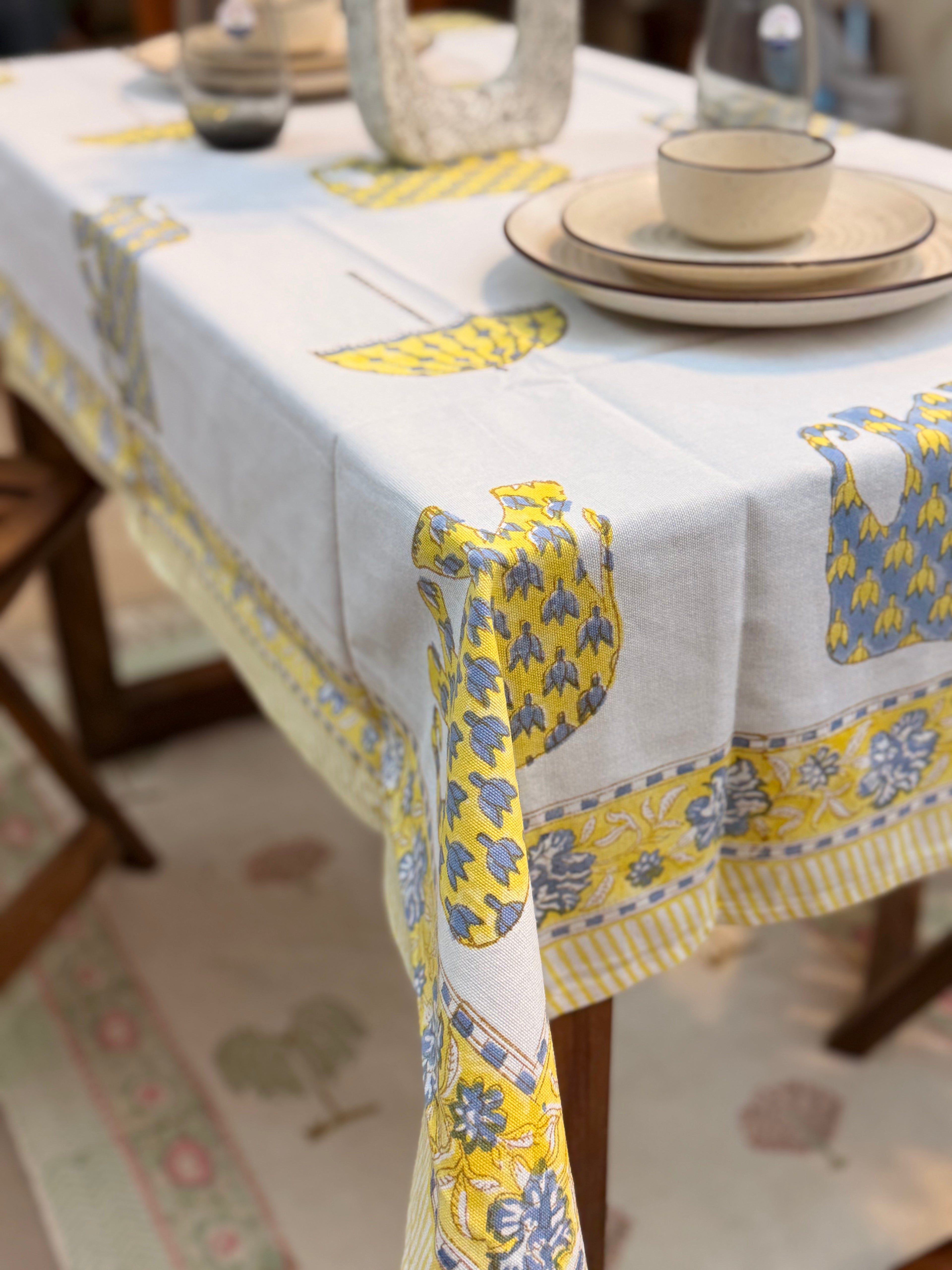 Hand Block Print Dining Table Sheet ( Yellow Elephant Umbrella Print )