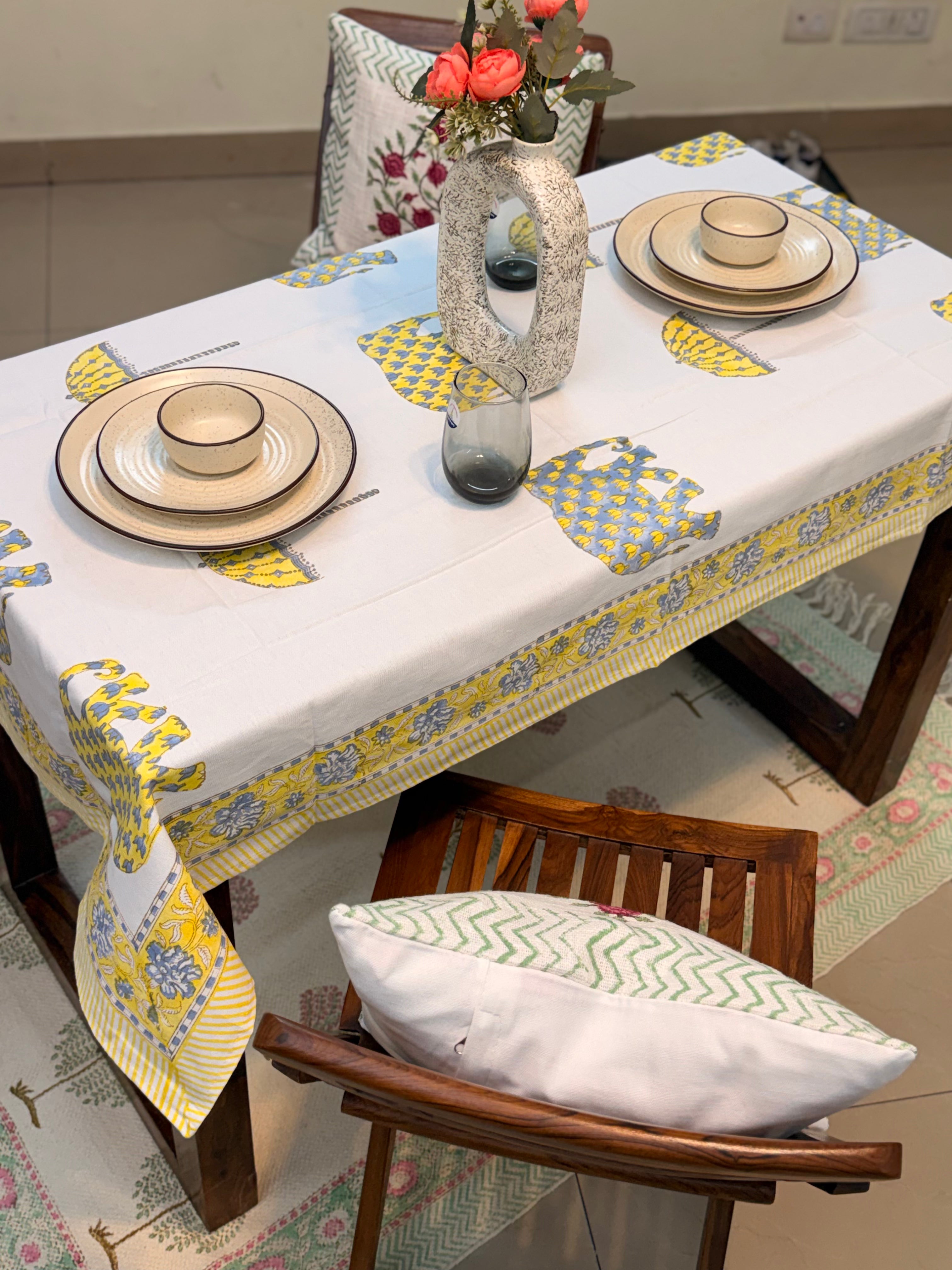 Hand Block Print Dining Table Sheet ( Yellow Elephant Umbrella Print )