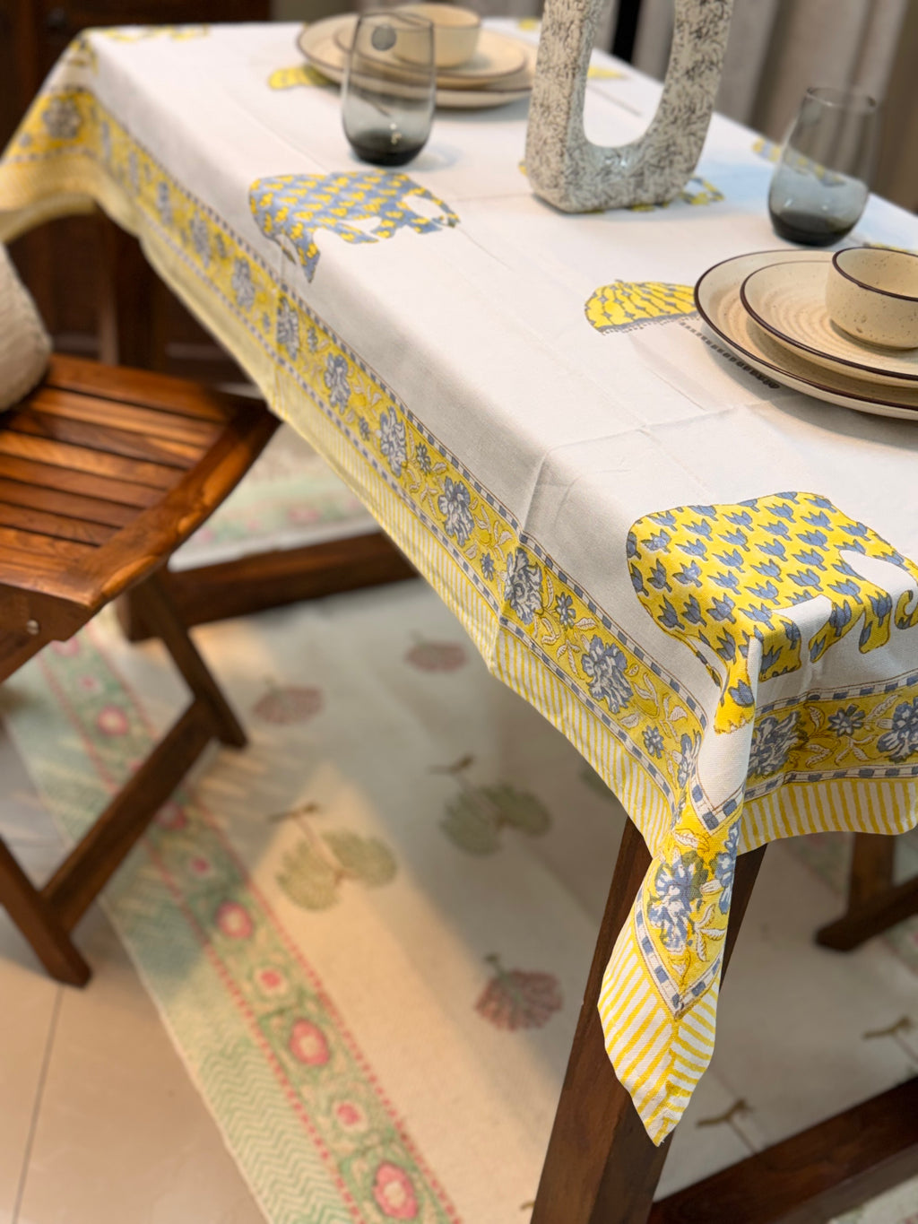 Hand Block Print Dining Table Sheet ( Yellow Elephant Umbrella Print )