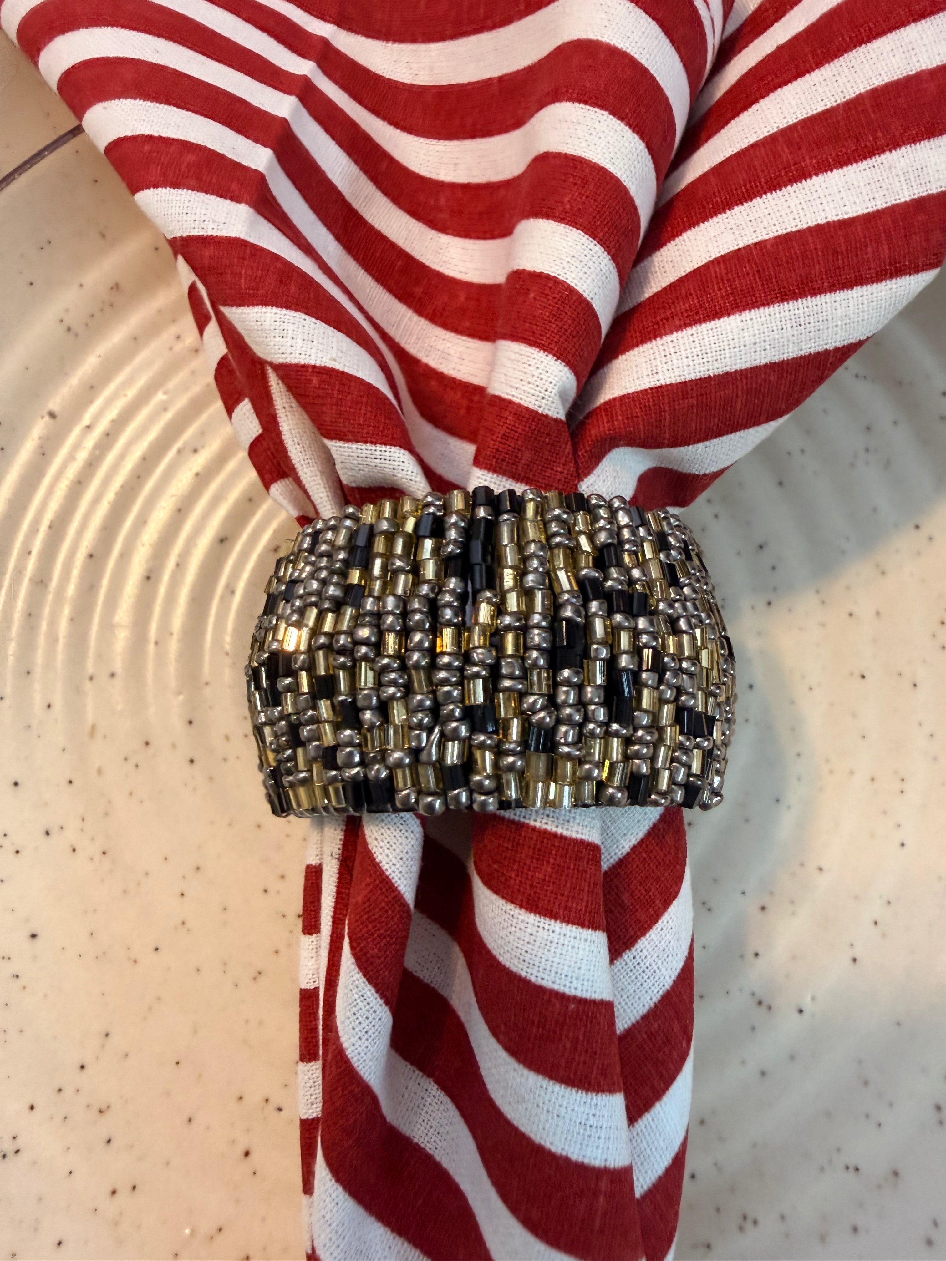 Napkin Rings Beaded Round ( Black & Golden) Set of 6