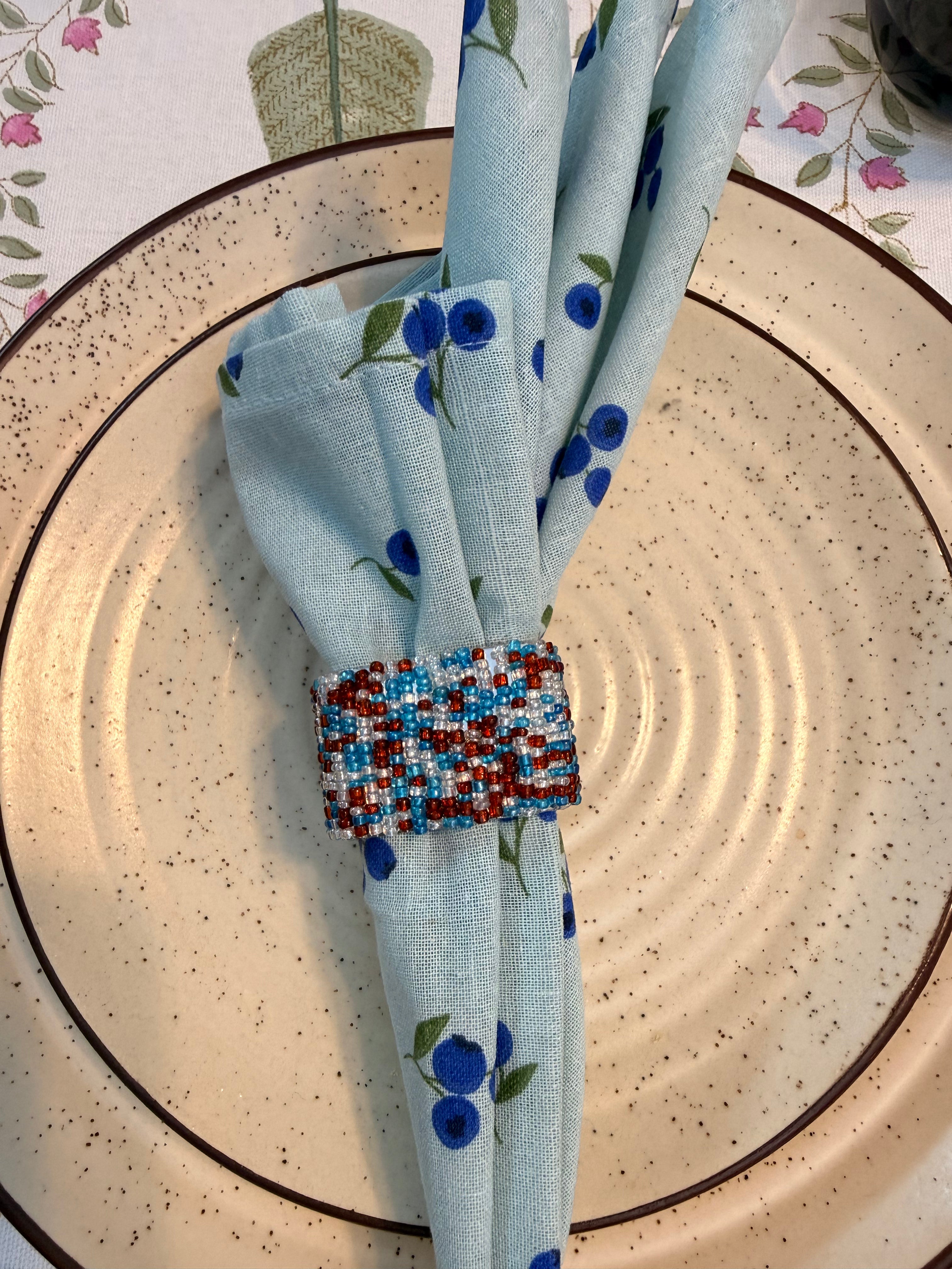 Napkin Rings Beaded Square ( Blue & Red ) Set of 6