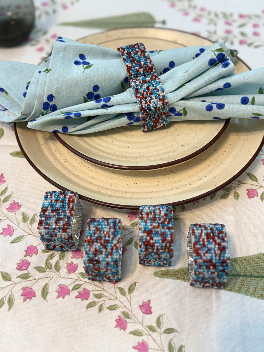 Napkin Rings Beaded Square ( Blue & Red ) Set of 6