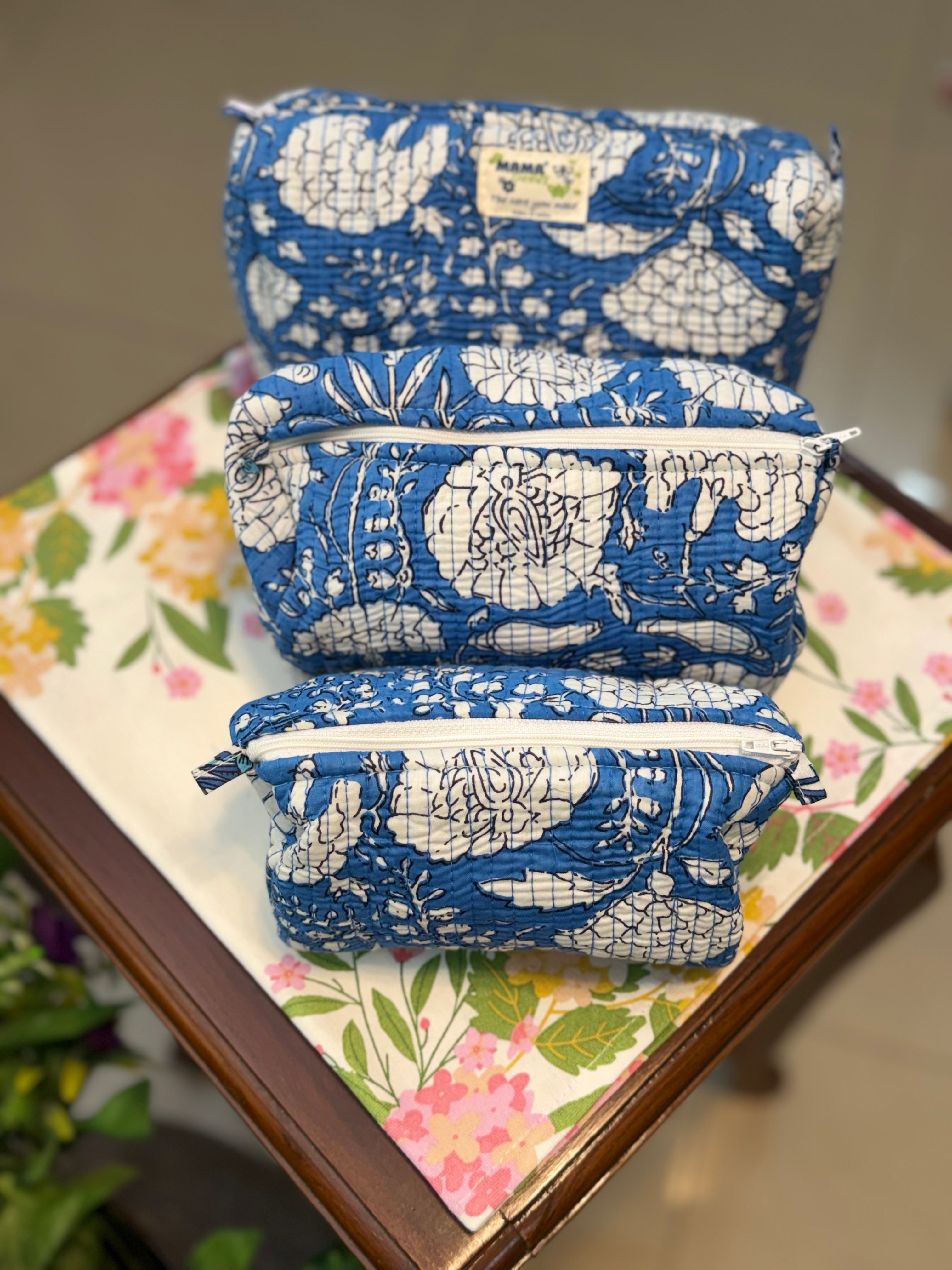 Set of 3 Utility Pouches ( Blue & White Floral )