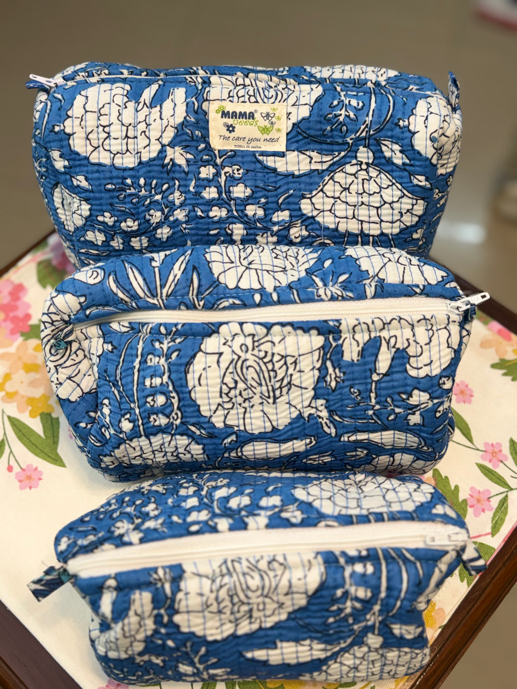 Set of 3 Utility Pouches ( Blue & White Floral )