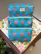 Set of 3 Utility Pouches ( Blue & Pink Floral Print )