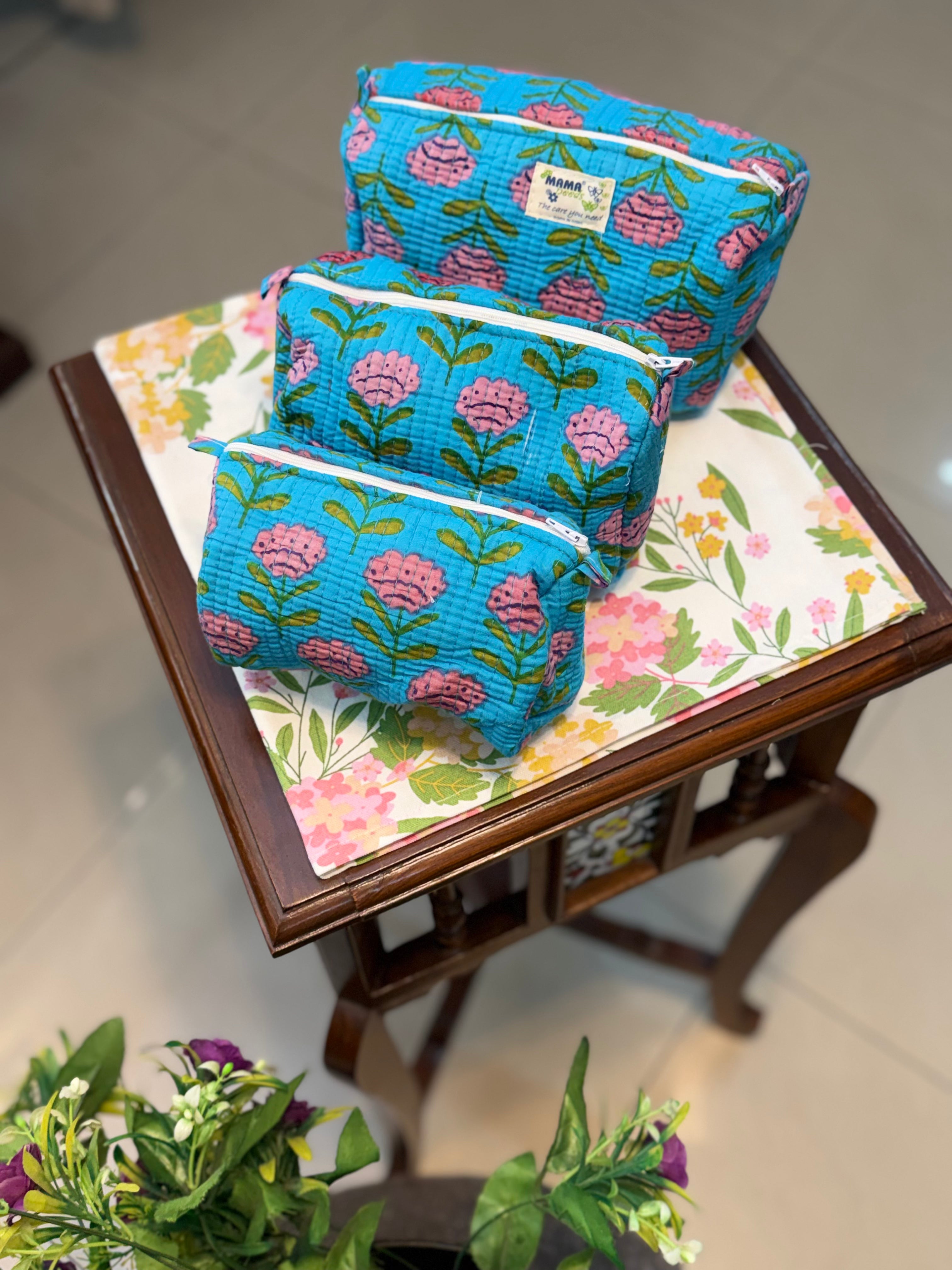 Set of 3 Utility Pouches ( Blue & Pink Floral Print )