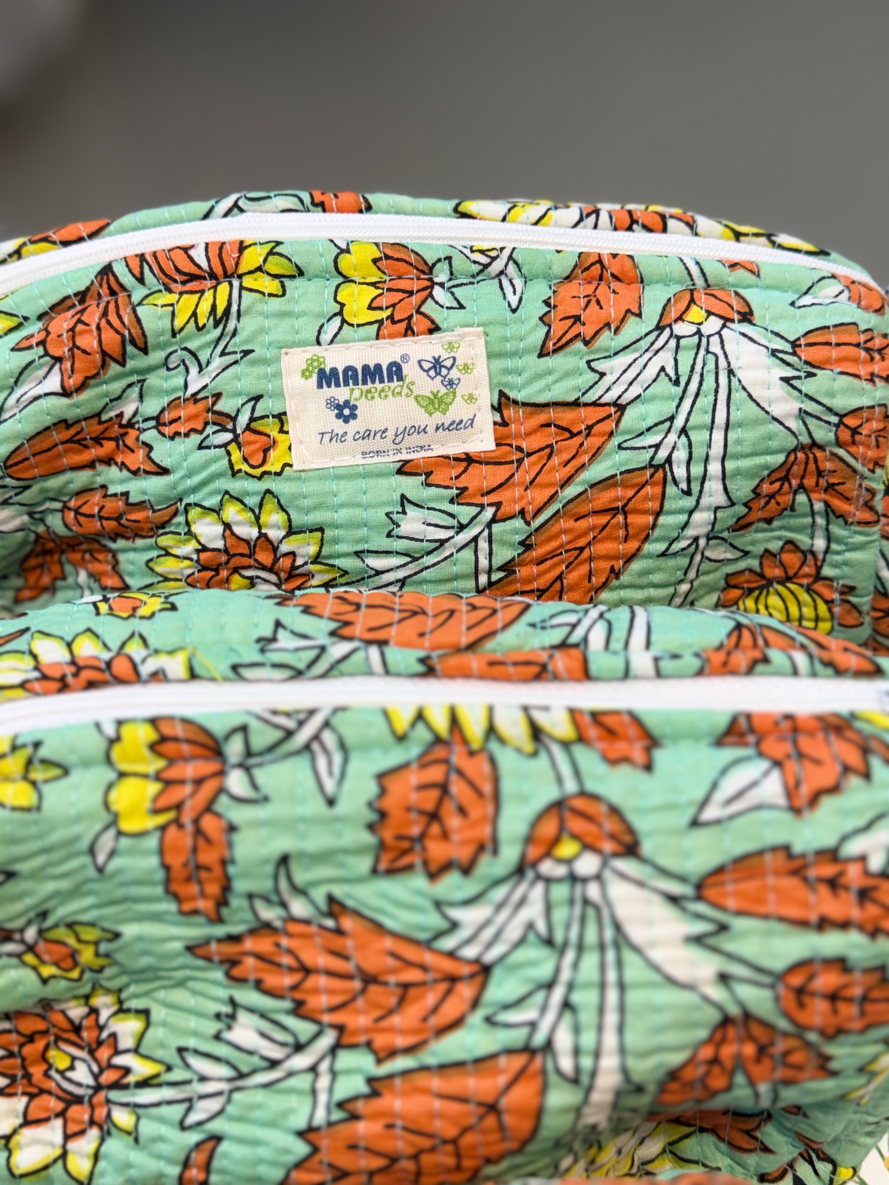 Set of 3 Utility Pouches ( Green & Orange Floral Print )