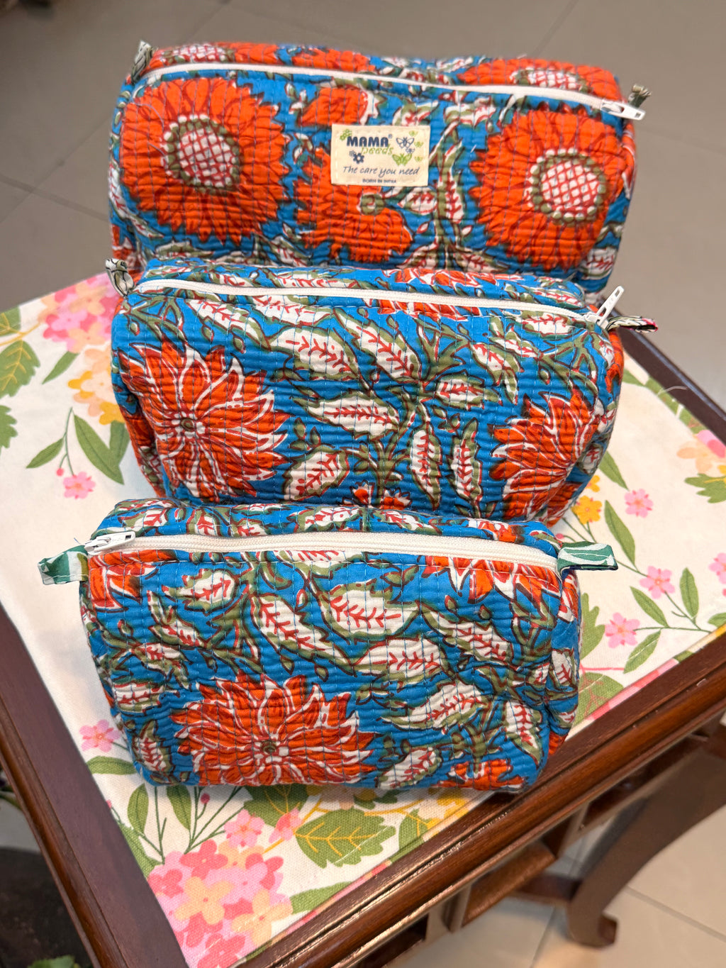 Set of 3 Utility Pouches ( Orange & Blue Floral Print )
