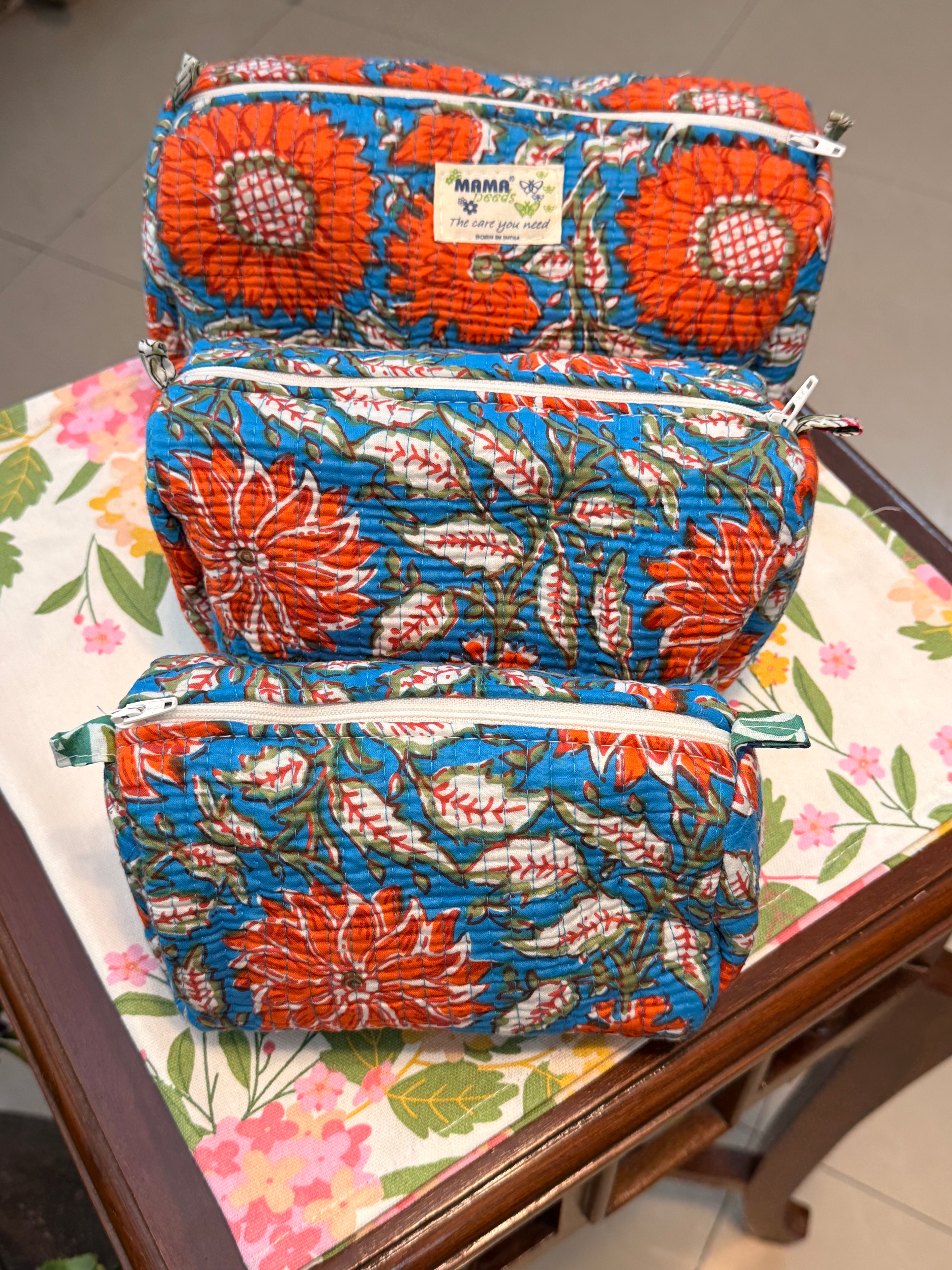 Set of 3 Utility Pouches ( Orange & Blue Floral Print )