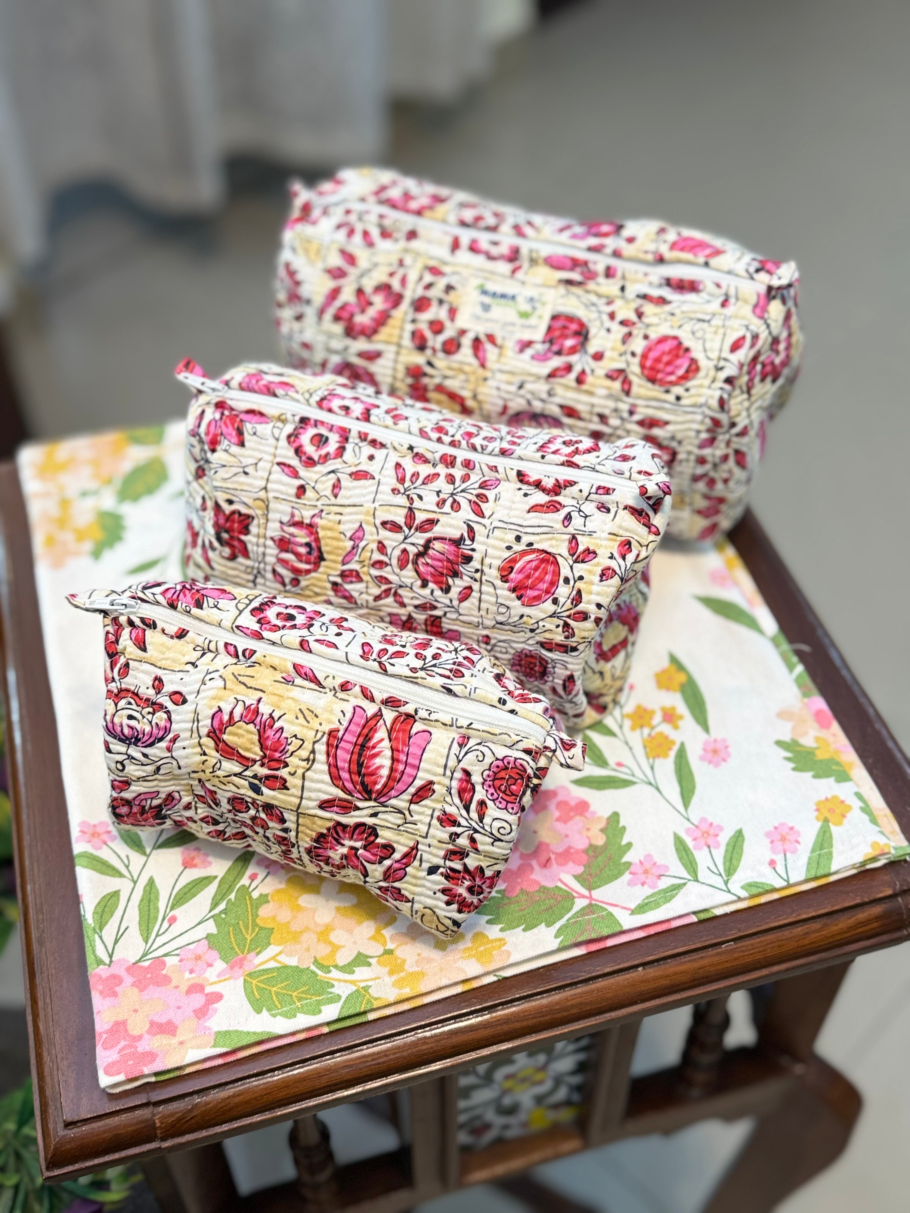 Set of 3 Utility Pouches ( White & Pink Floral Print )