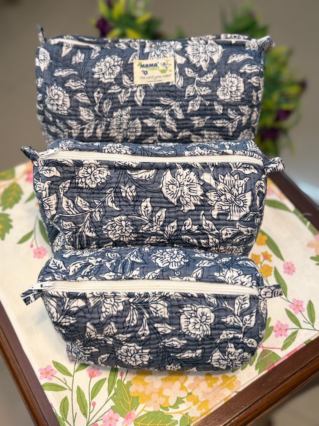 Set of 3 Utility Pouches ( Dark Blue & White Floral Print )