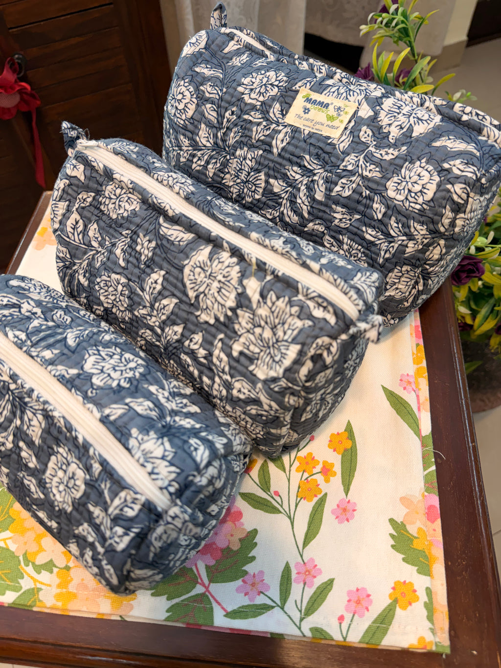Set of 3 Utility Pouches ( Dark Blue & White Floral Print )