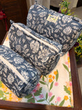 Set of 3 Utility Pouches ( Dark Blue & White Floral Print )
