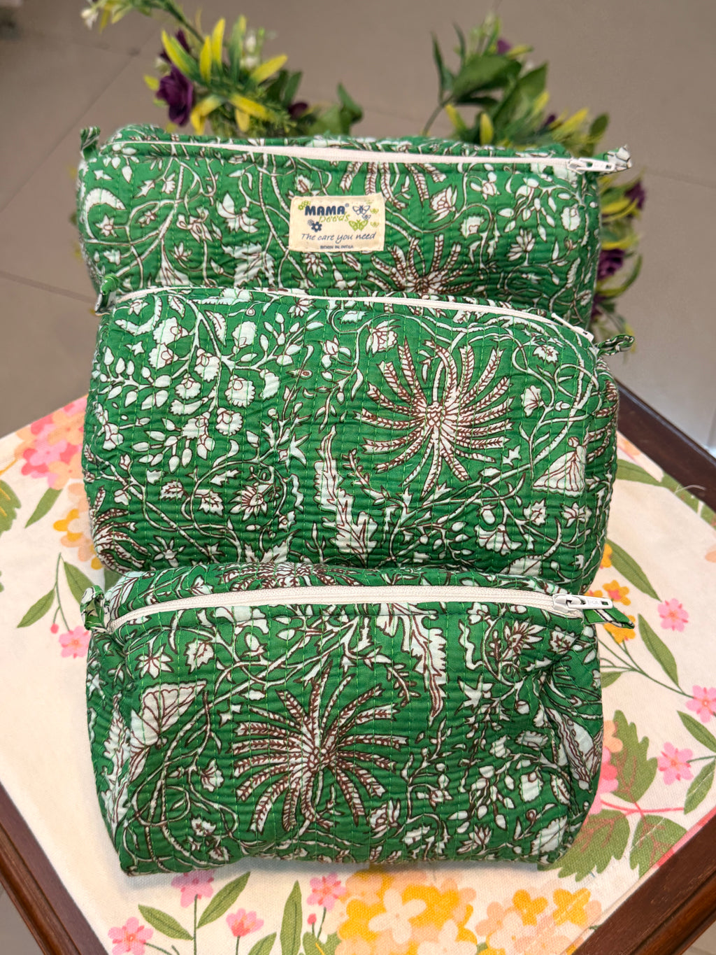 Set of 3 Utility Pouches ( Green & White Floral Print )