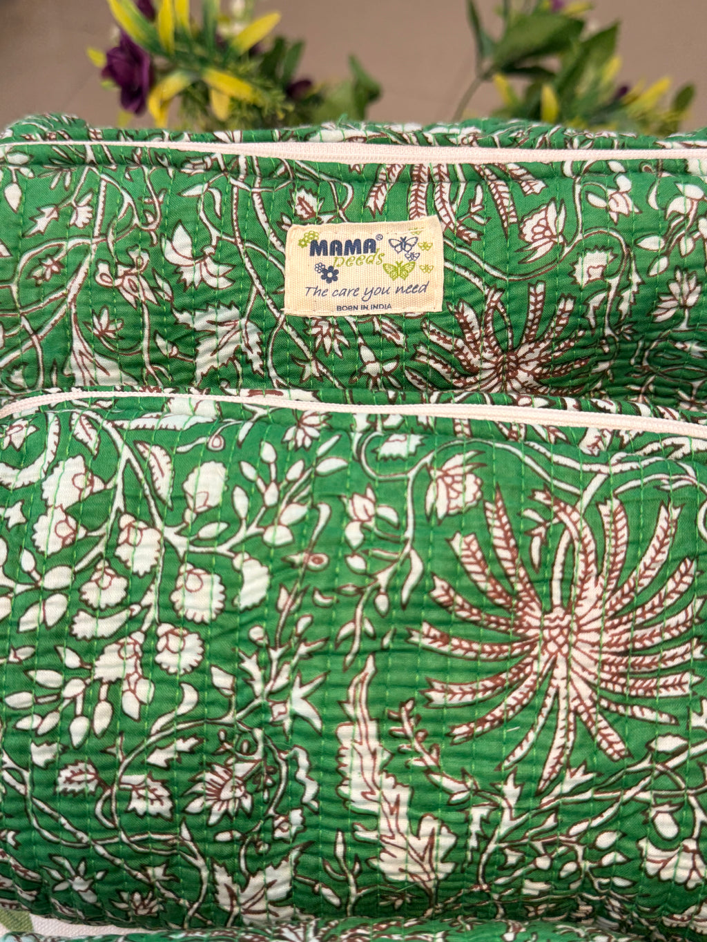 Set of 3 Utility Pouches ( Green & White Floral Print )