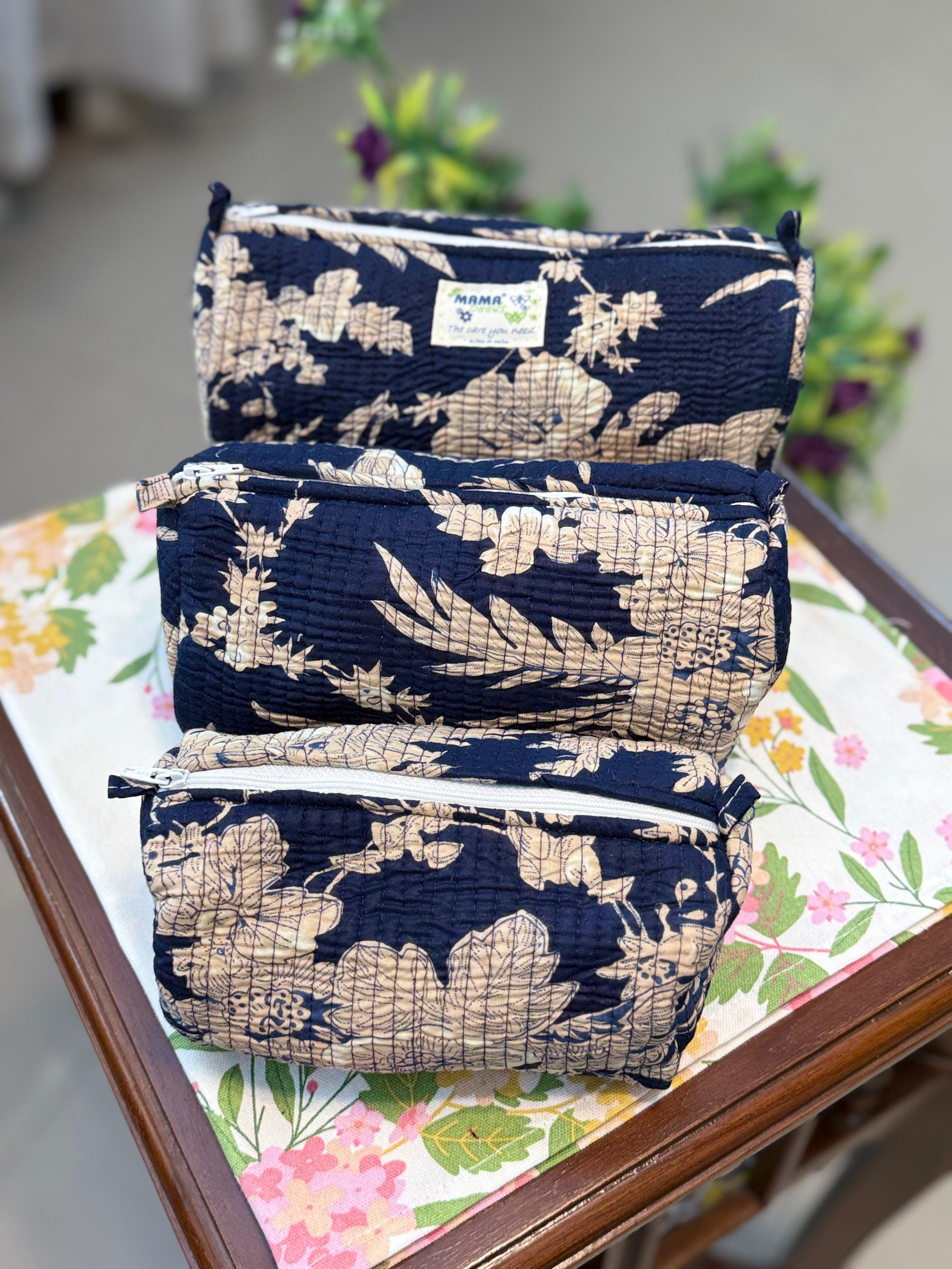 Set of 3 Utility Pouches ( Navy & Beige Floral Print )