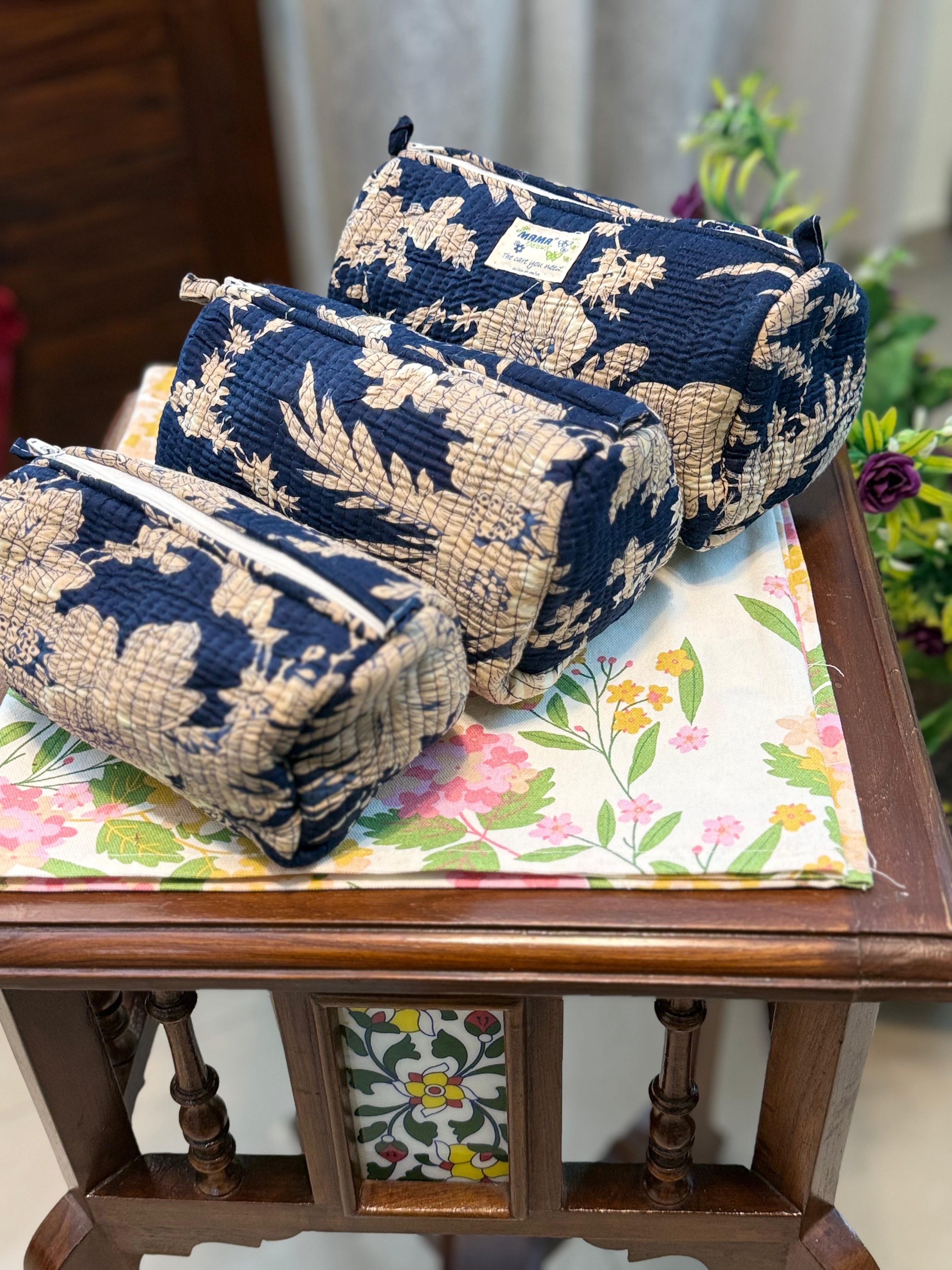 Set of 3 Utility Pouches ( Navy & Beige Floral Print )