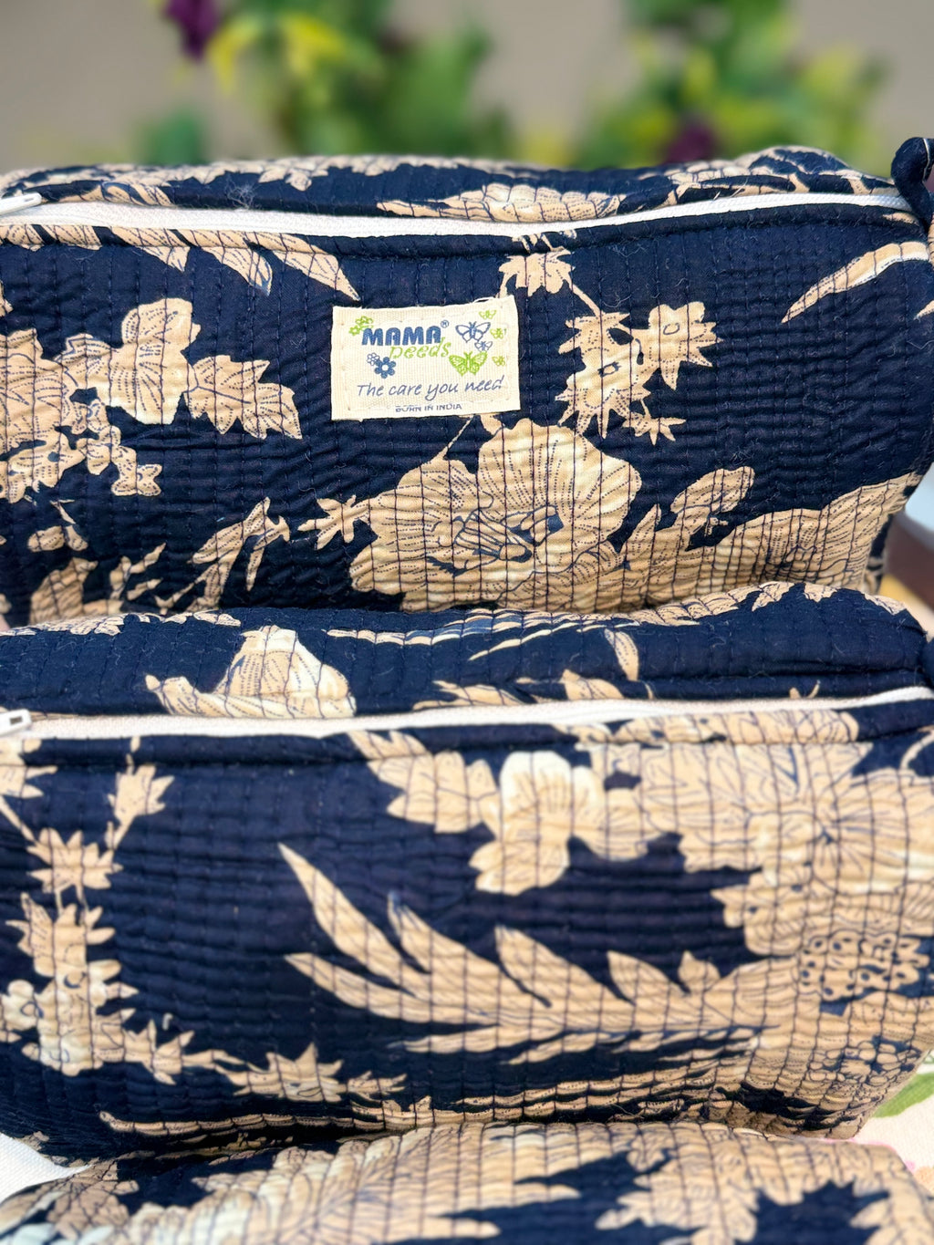 Set of 3 Utility Pouches ( Navy & Beige Floral Print )