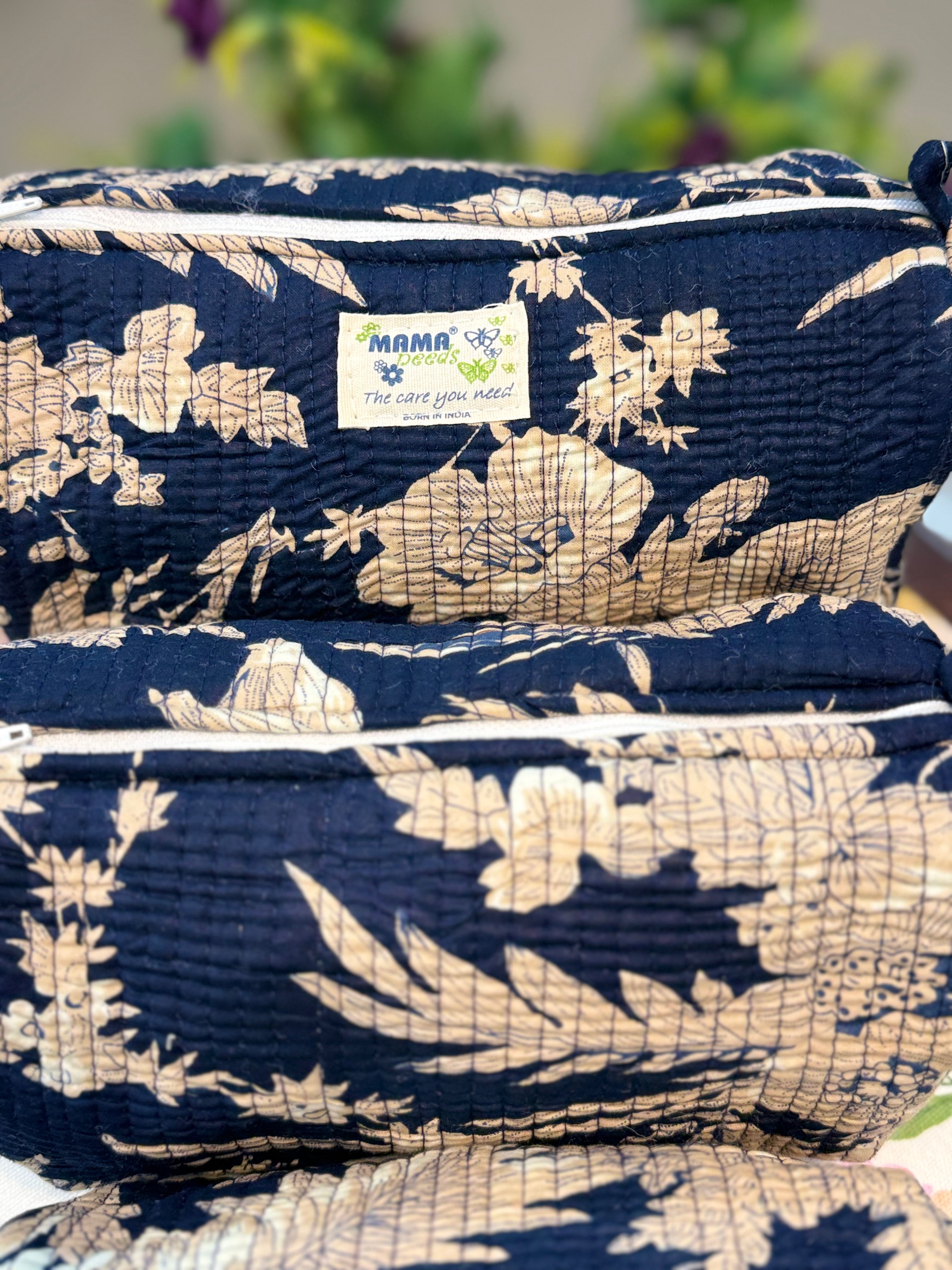 Set of 3 Utility Pouches ( Navy & Beige Floral Print )