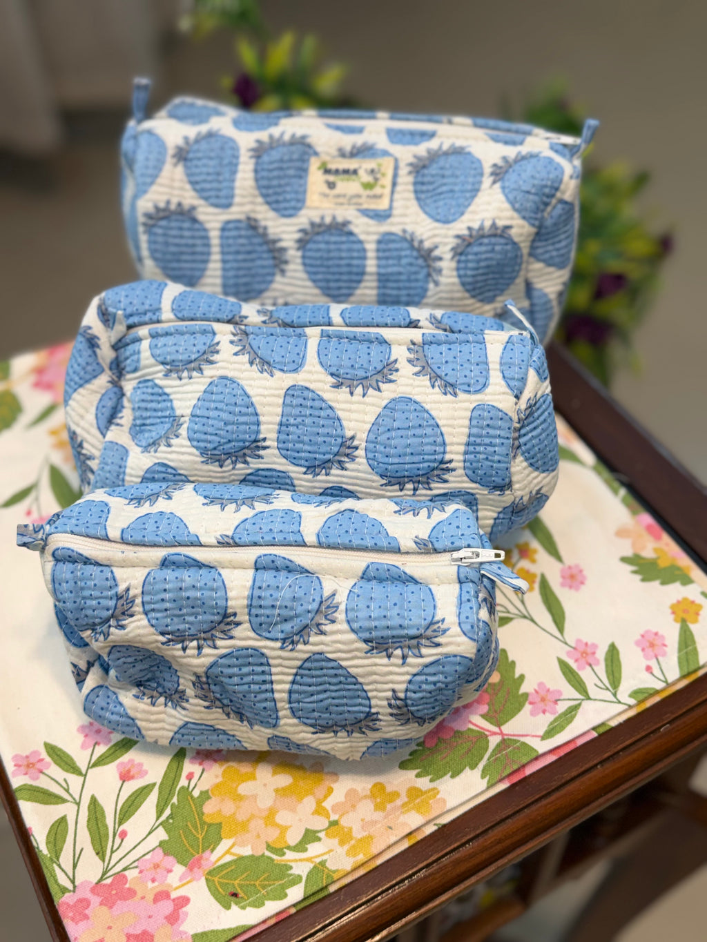 Set of 3 Utility Pouches ( Off White & Blue Strawberry Print )