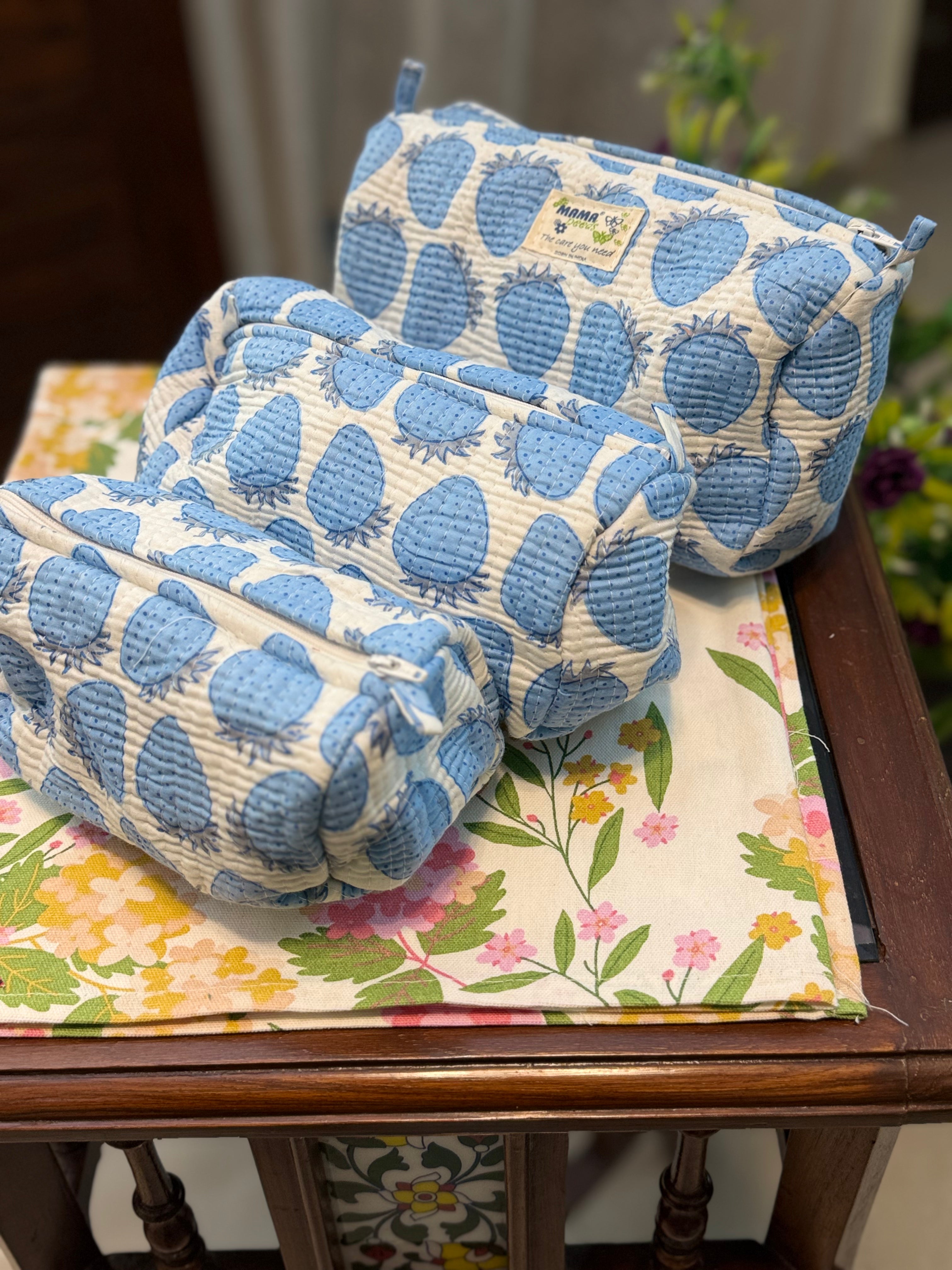 Set of 3 Utility Pouches ( Off White & Blue Strawberry Print )