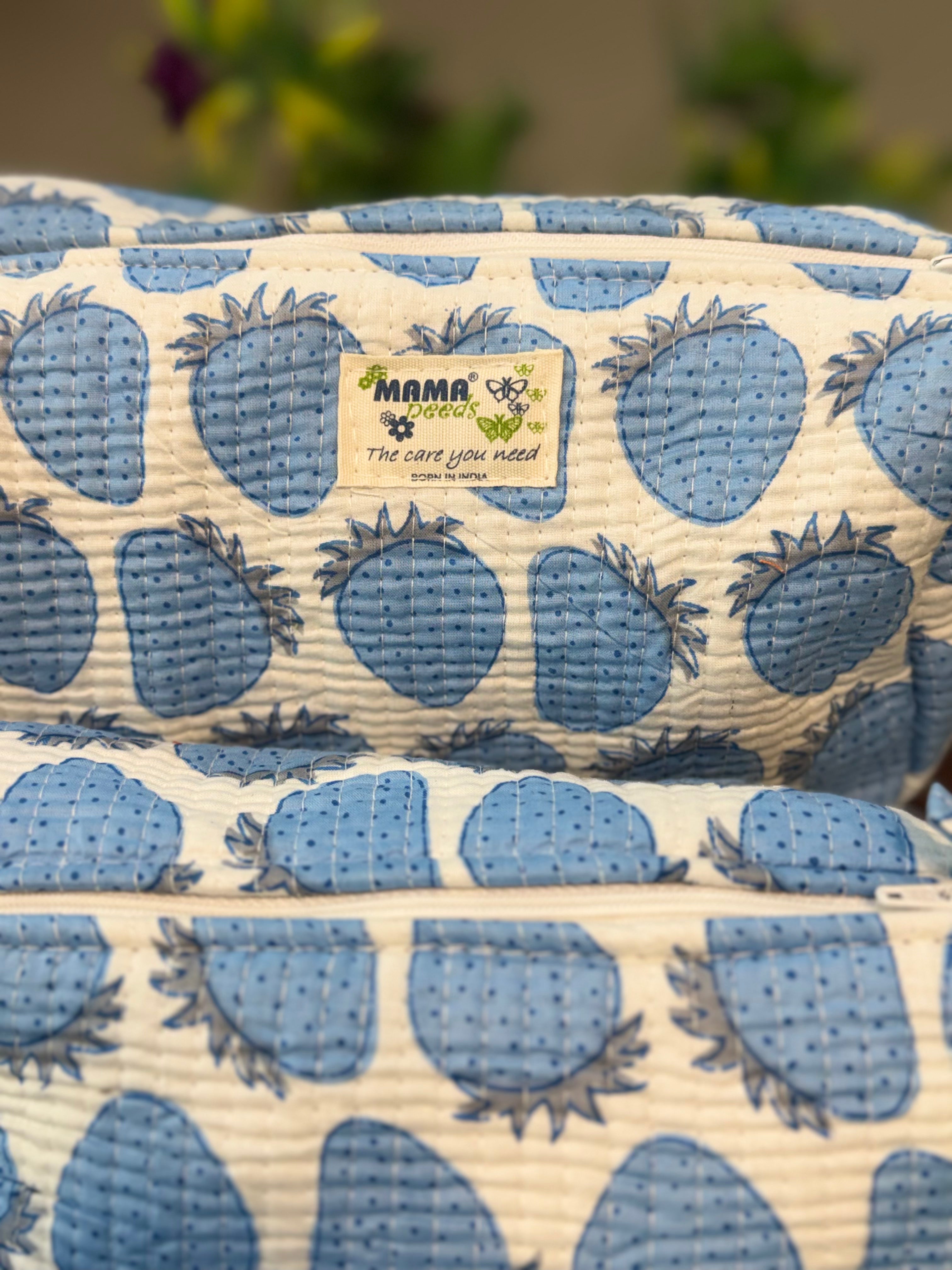 Set of 3 Utility Pouches ( Off White & Blue Strawberry Print )