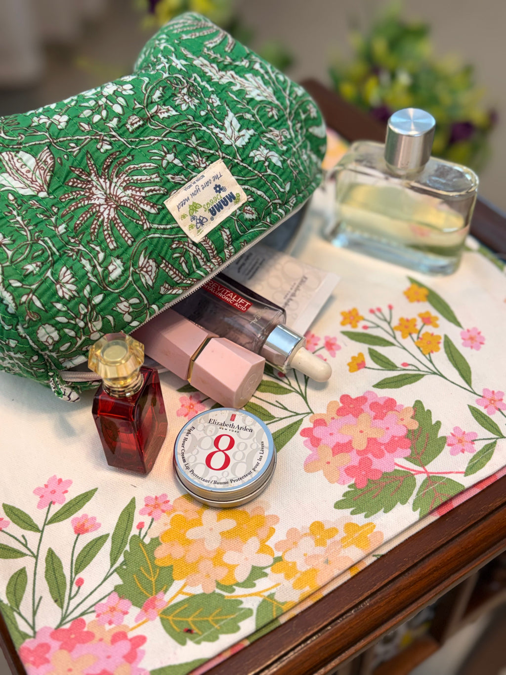 Set of 3 Utility Pouches ( Green & White Floral Print )
