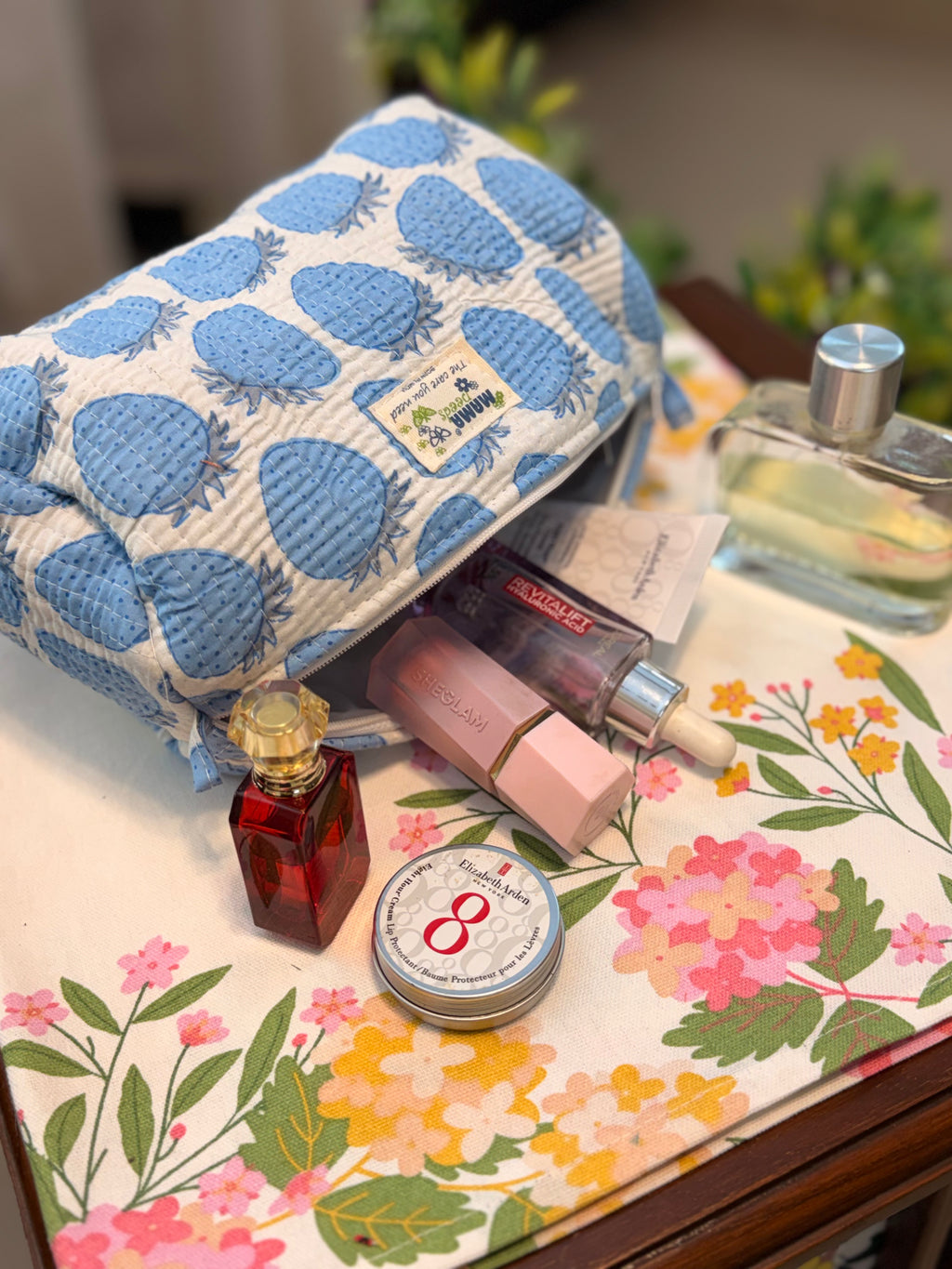 Set of 3 Utility Pouches ( Off White & Blue Strawberry Print )