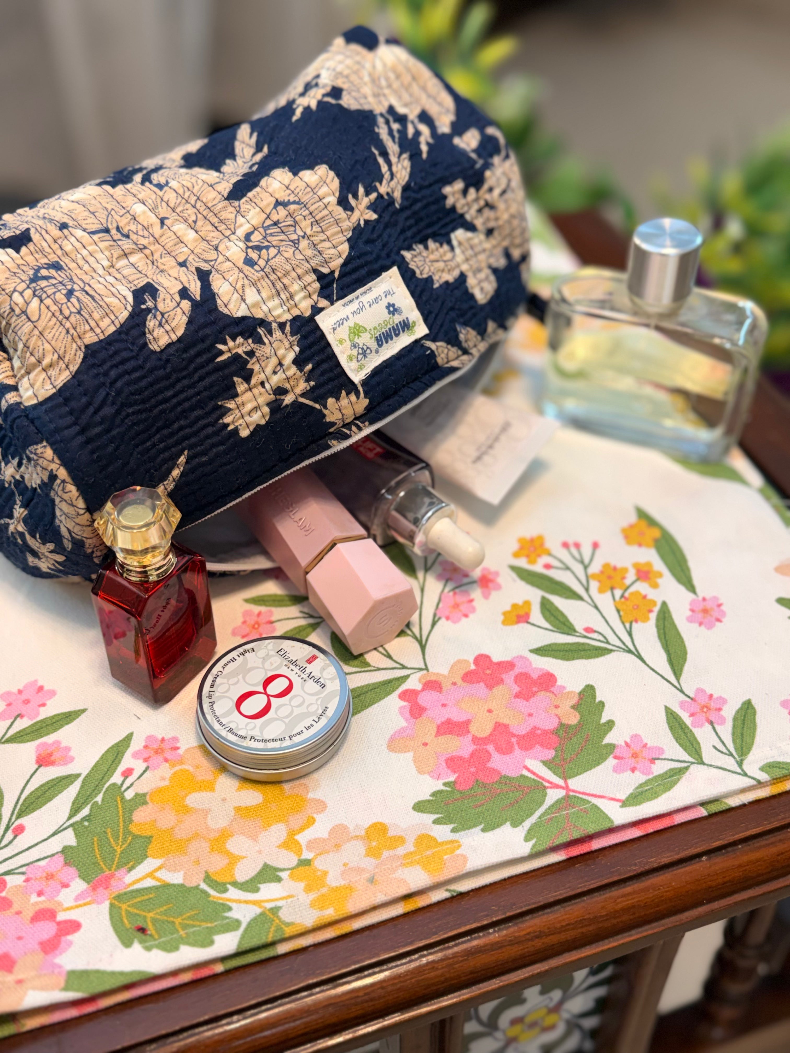Set of 3 Utility Pouches ( Navy & Beige Floral Print )