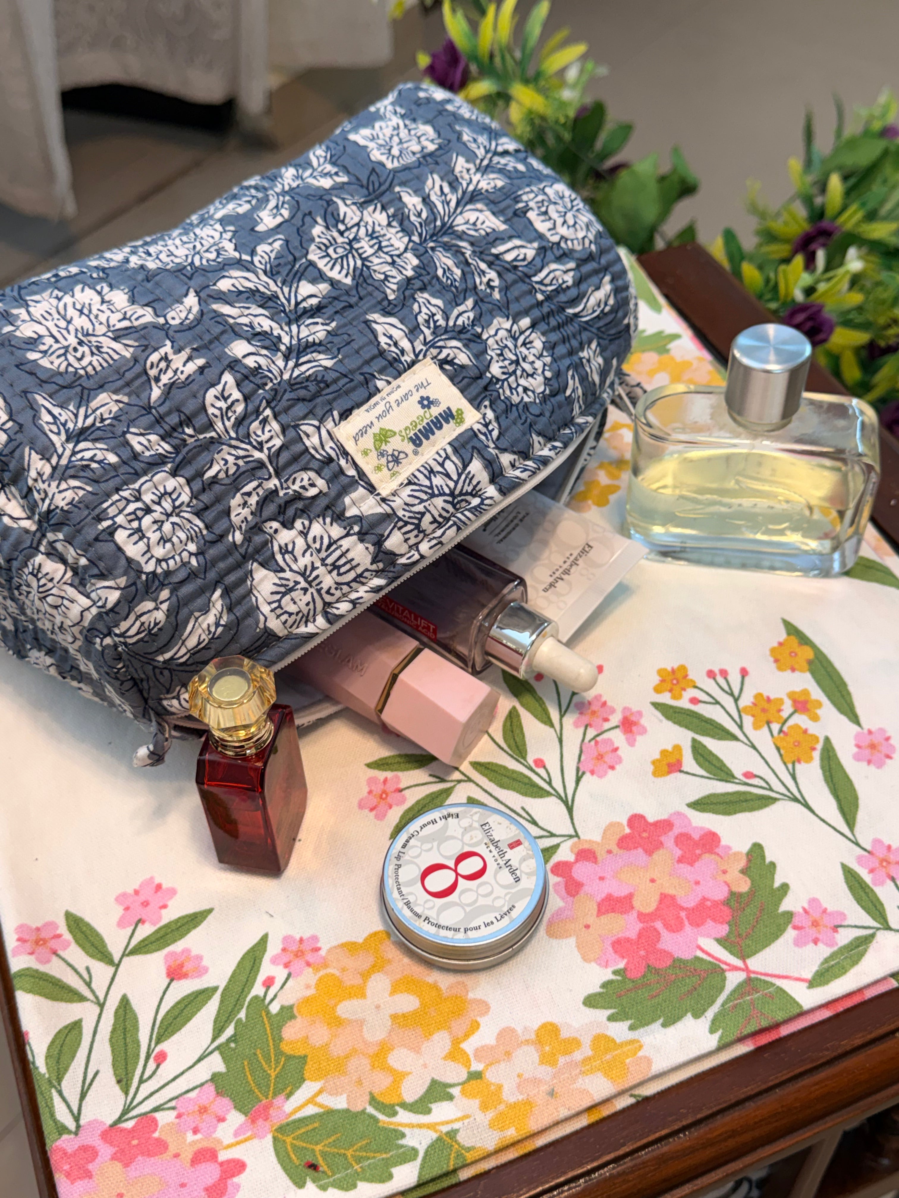 Set of 3 Utility Pouches ( Dark Blue & White Floral Print )