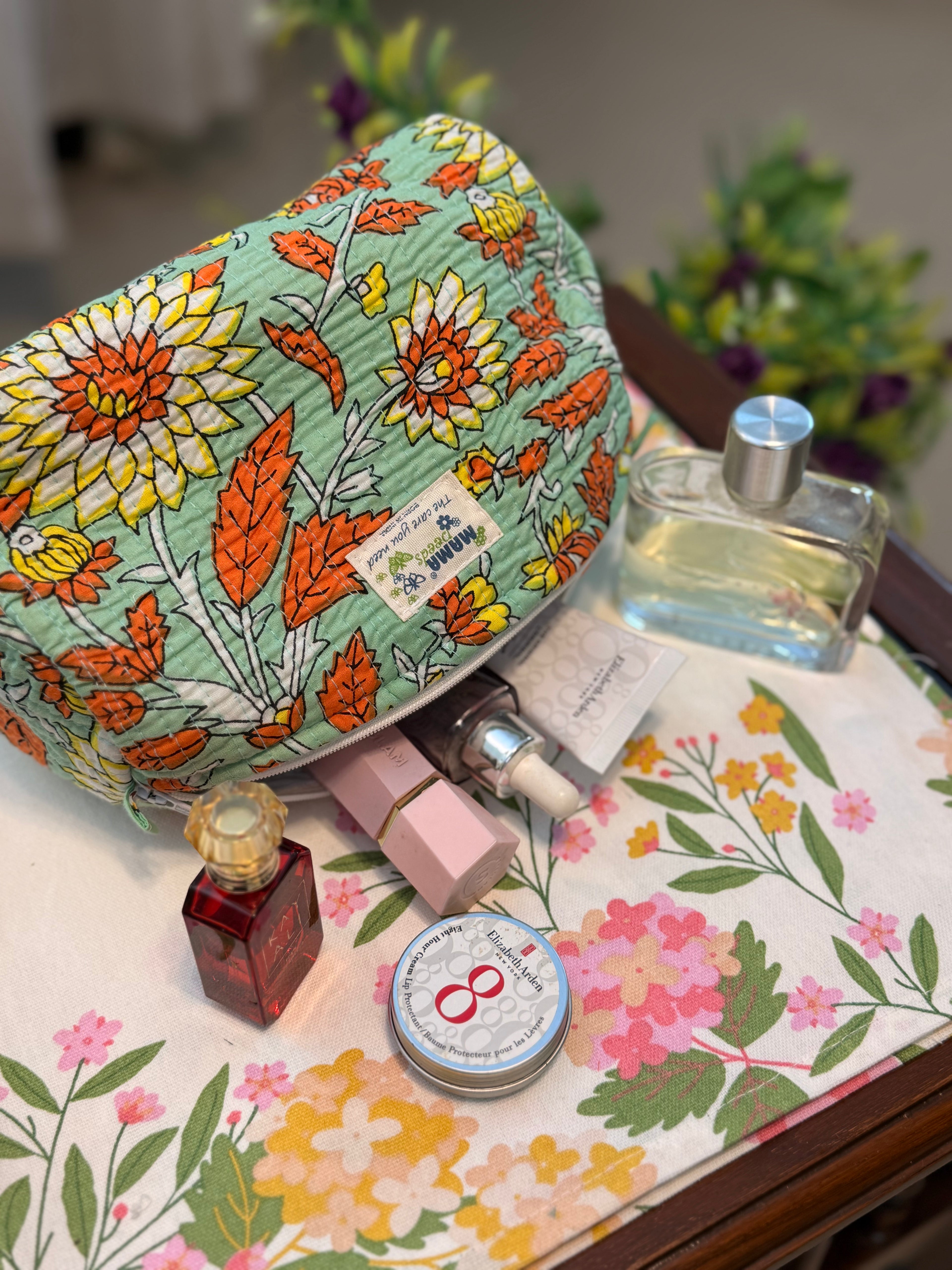 Set of 3 Utility Pouches ( Green & Orange Floral Print )