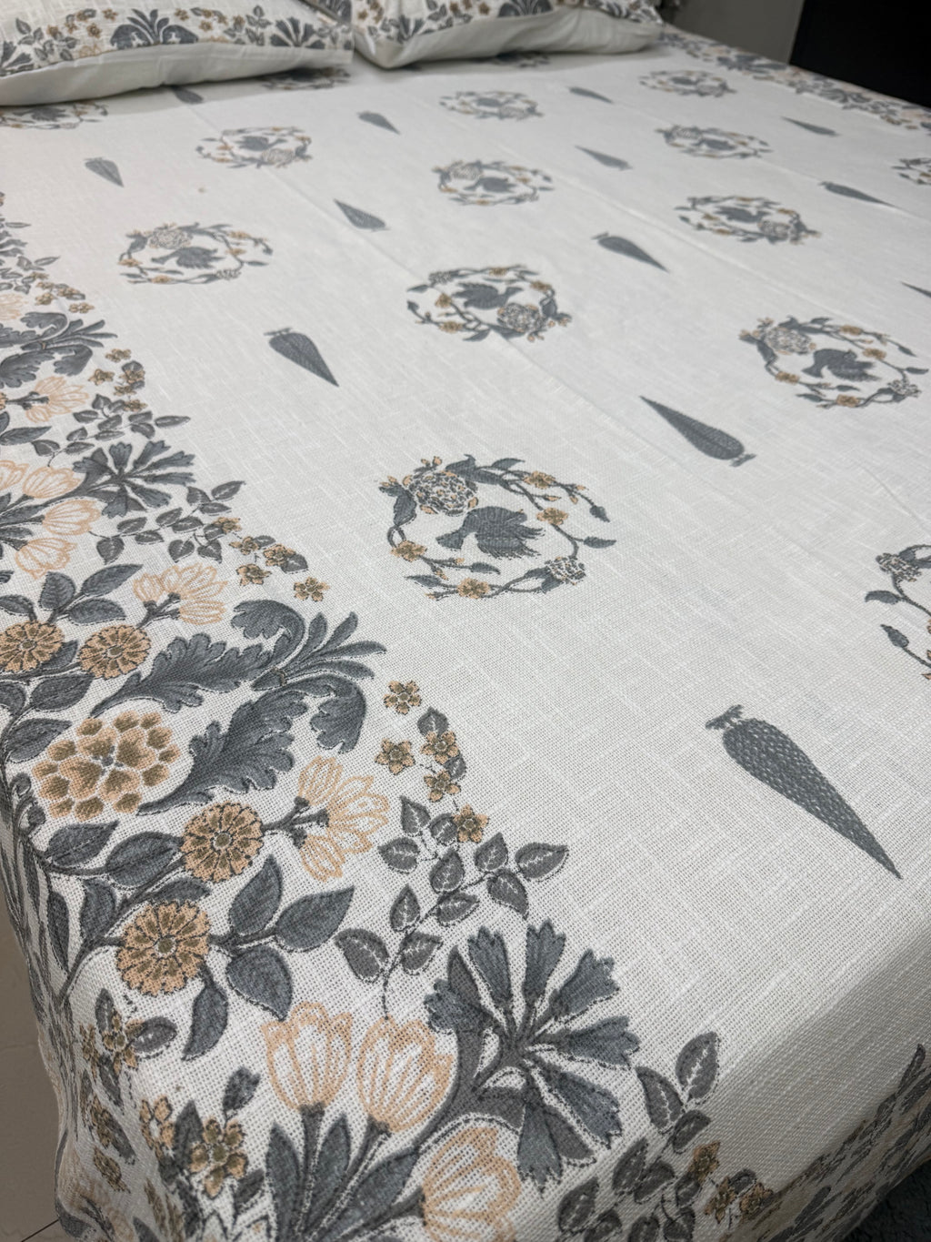 Jute cotton knitted hand block print premium bed cover Bird Print Grey & Yellow