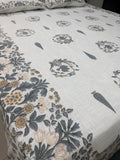 Jute cotton knitted hand block print premium bed cover Bird Print Grey & Yellow