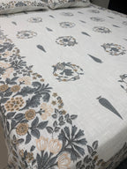 Jute cotton knitted hand block print premium bed cover Bird Print Grey & Yellow