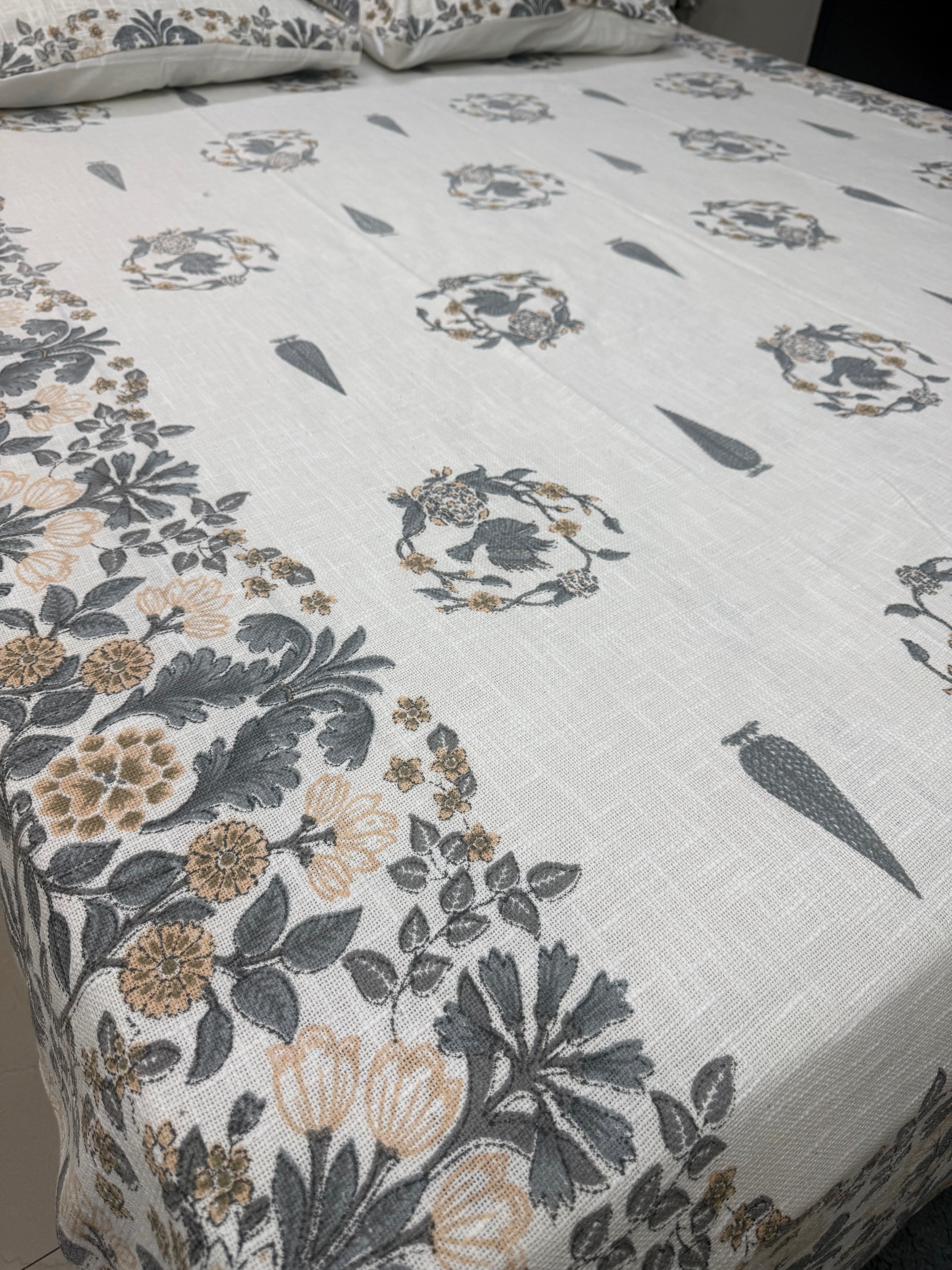 Jute cotton knitted hand block print premium bed cover Bird Print Grey & Yellow