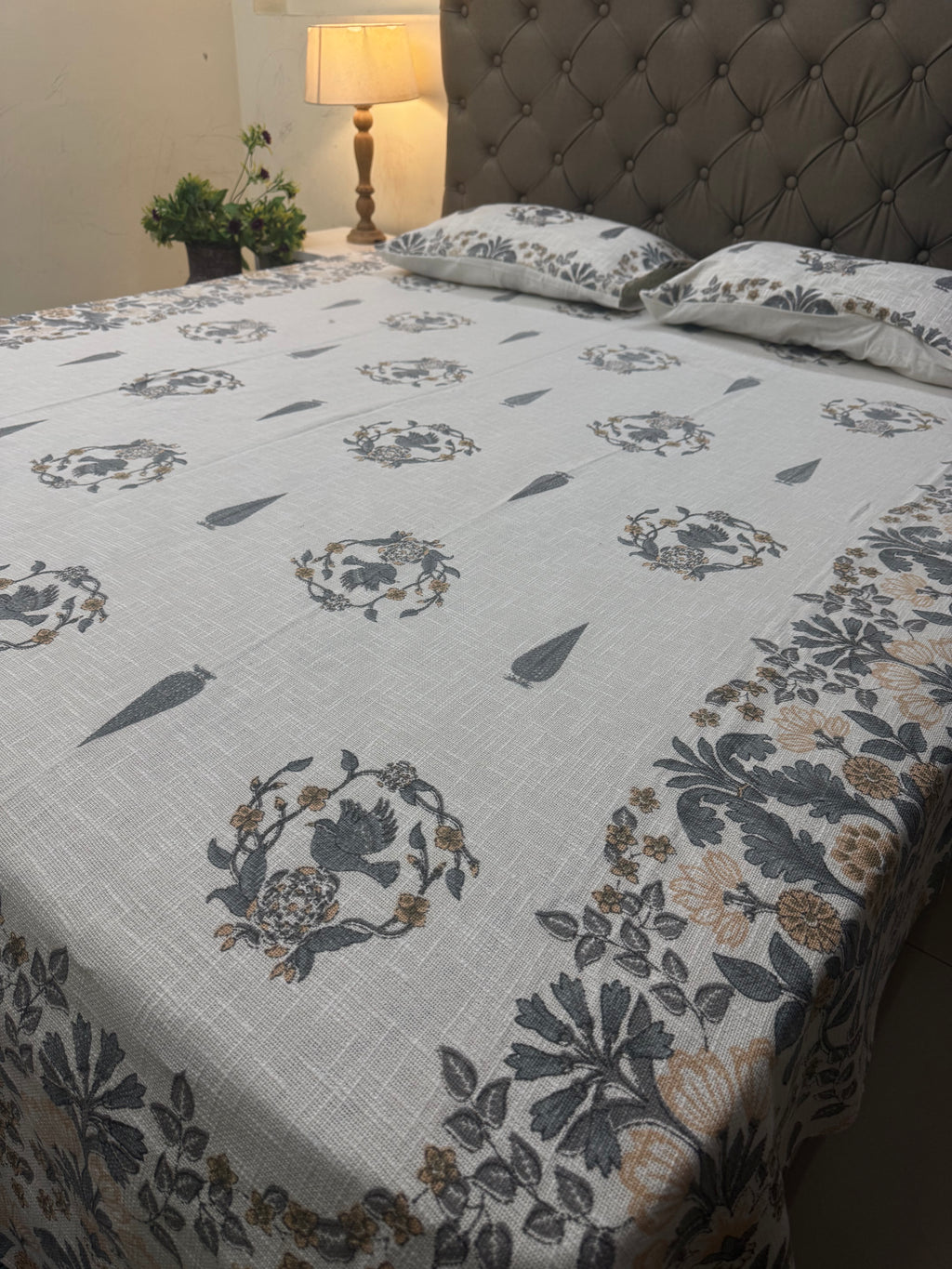 Jute cotton knitted hand block print premium bed cover Bird Print Grey & Yellow