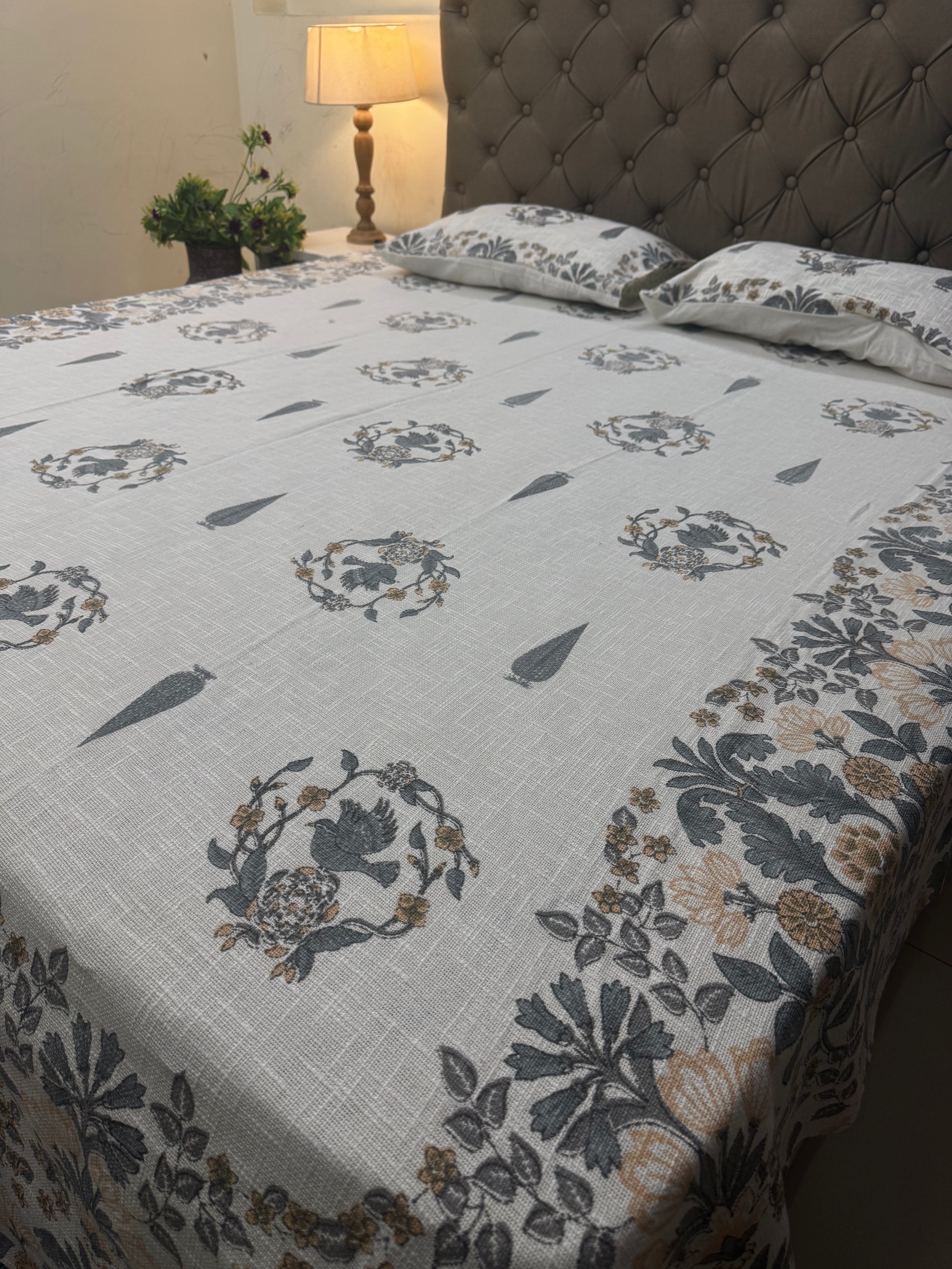 Jute cotton knitted hand block print premium bed cover Bird Print Grey & Yellow