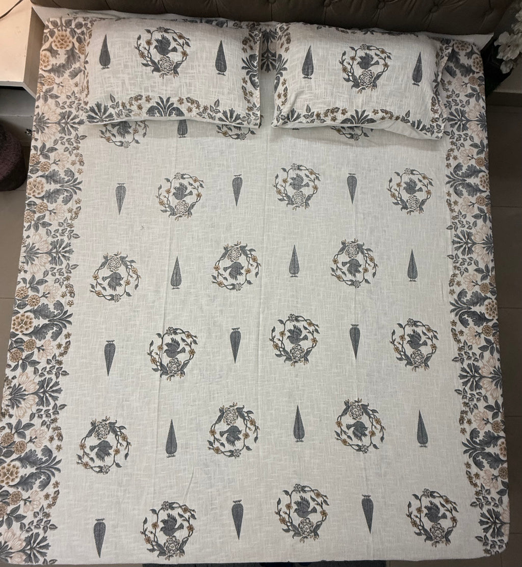 Jute cotton knitted hand block print premium bed cover Bird Print Grey & Yellow