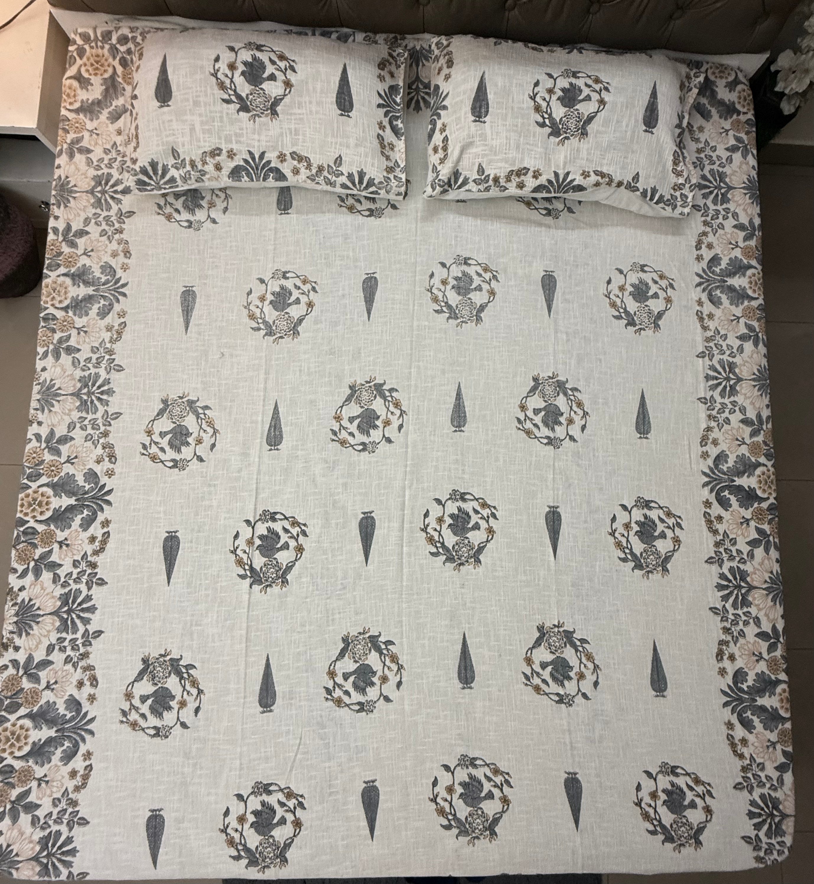 Jute cotton knitted hand block print premium bed cover Bird Print Grey & Yellow